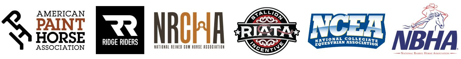Logos of Kimes Ranch partner organizations including the American Paint Horse Association, Ridge Riders, National Reined Cow Horse Association, Riata Stallion Incentive, National Collegiate Equestrian Association, and National Barrel Horse Association.