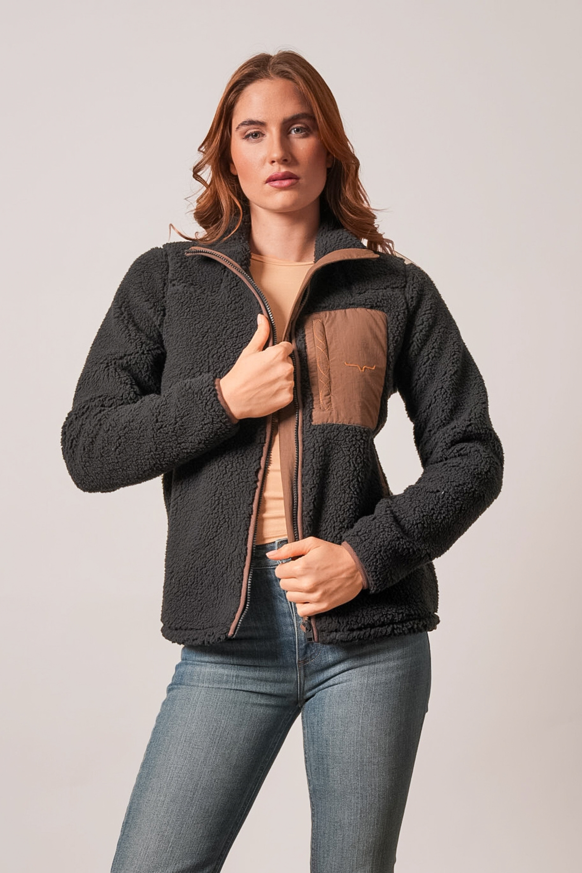 Kimes Ranch Arlee sweatshirt in Black with a brown chest pocket and logo