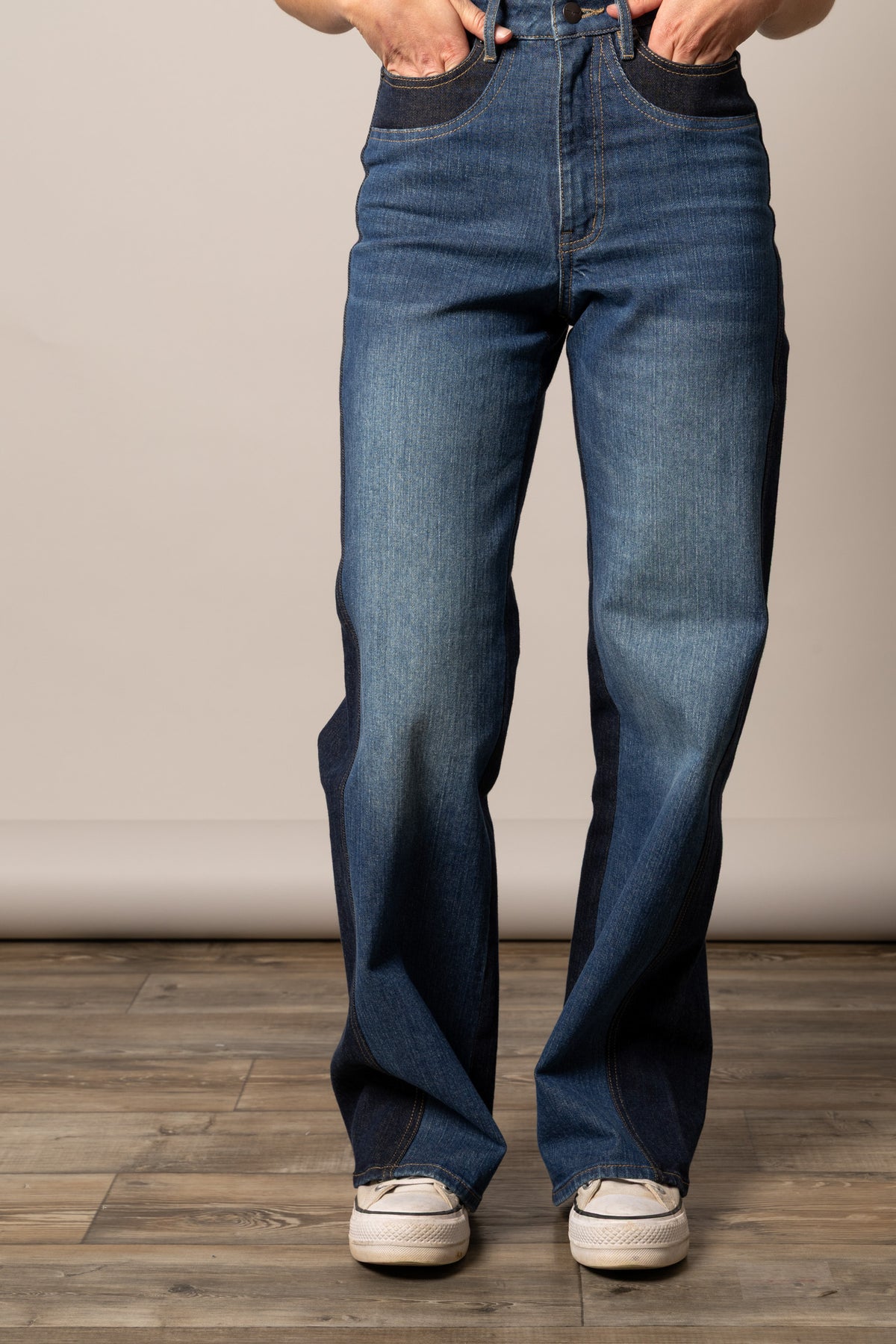 Kimes Ranch Camila dark wash denim pants with two front pockets, visible stitching, and a wide-leg fit
