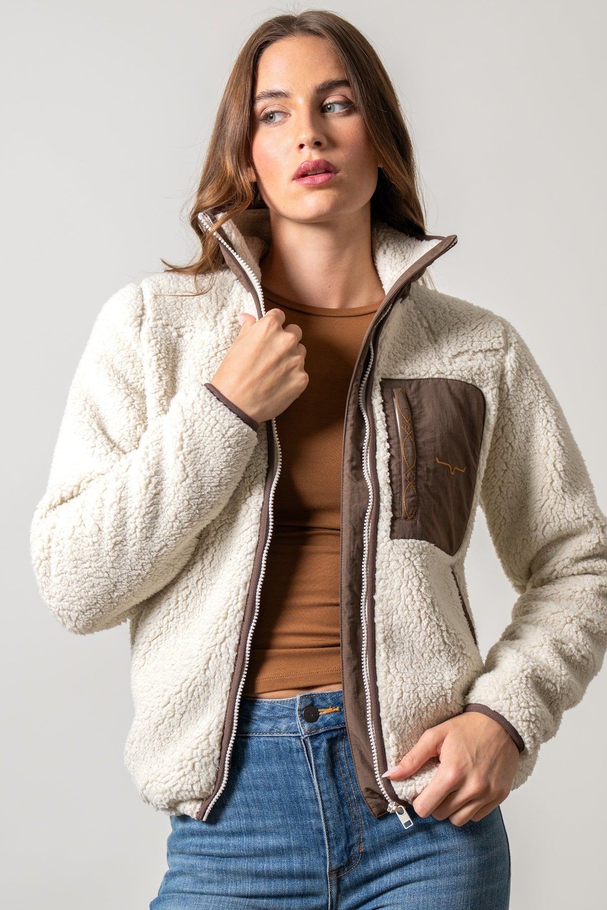 Kimes Ranch Arlee sweatshirt in natural with brown chest pocket and logo