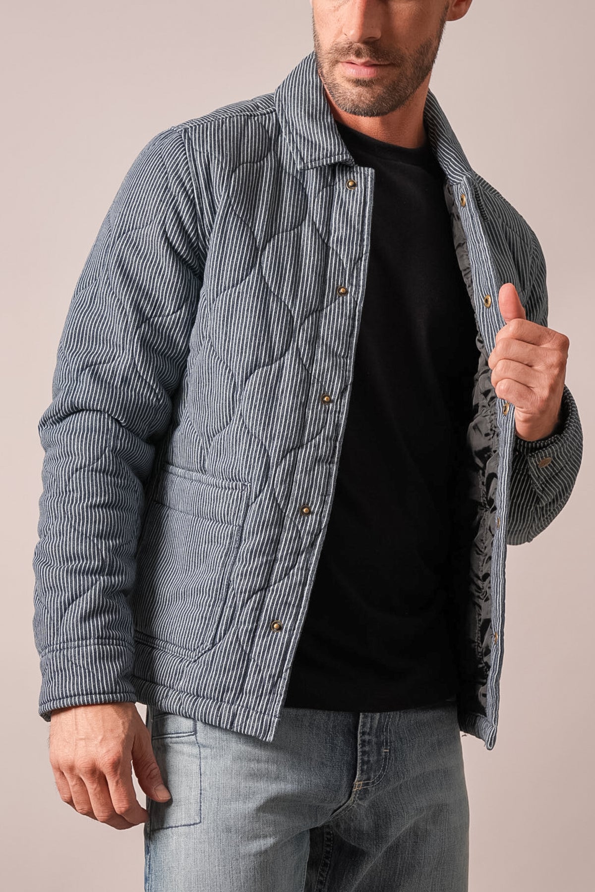 Kimes Ranch Buster jacket in indigo white pinstripes quilted diamond stitch collar snap pockets