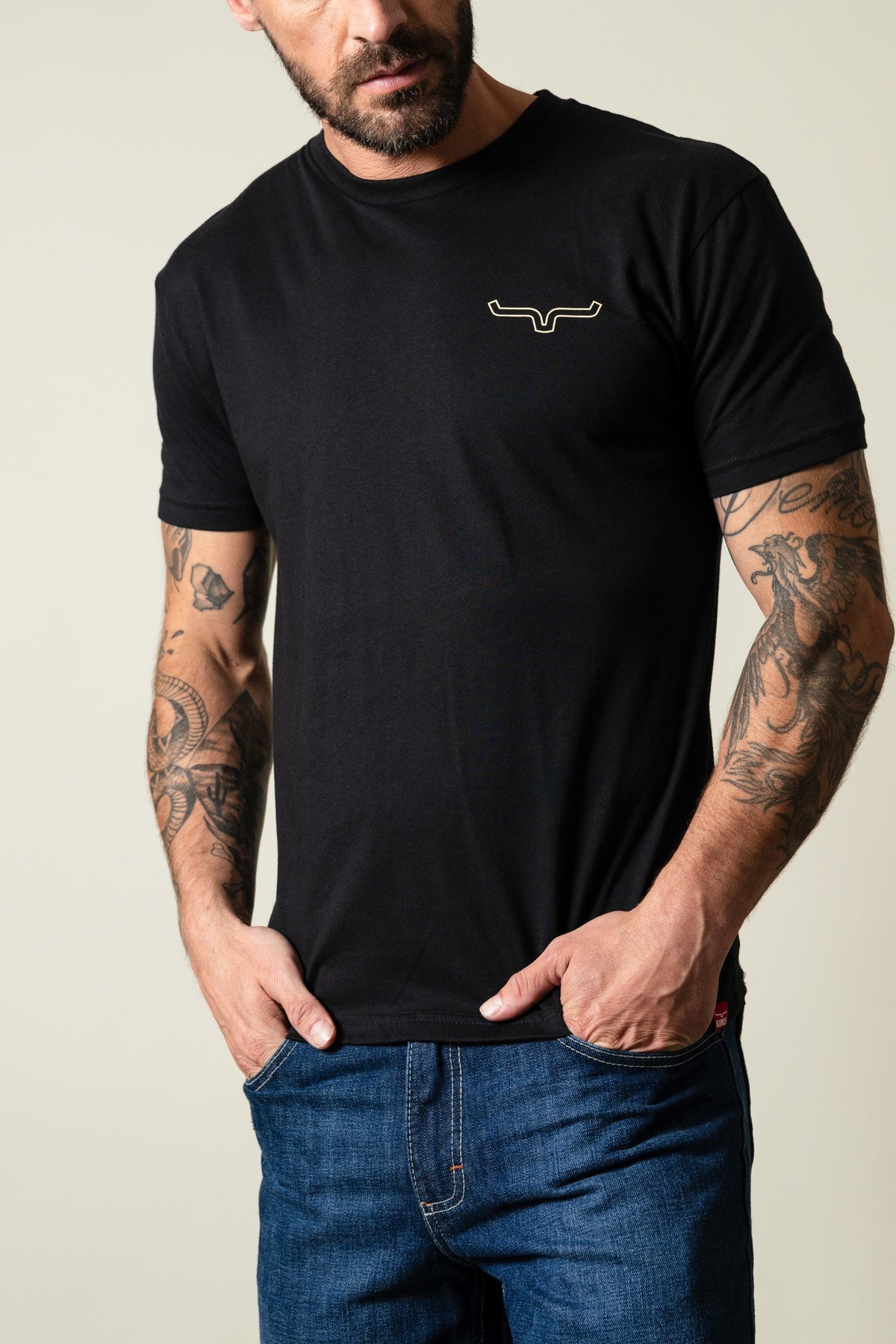 Kimes Ranch Camo Back short sleeve black t-shirt featuring a small embroidered Kimes Ranch logo on the chest; #color_black