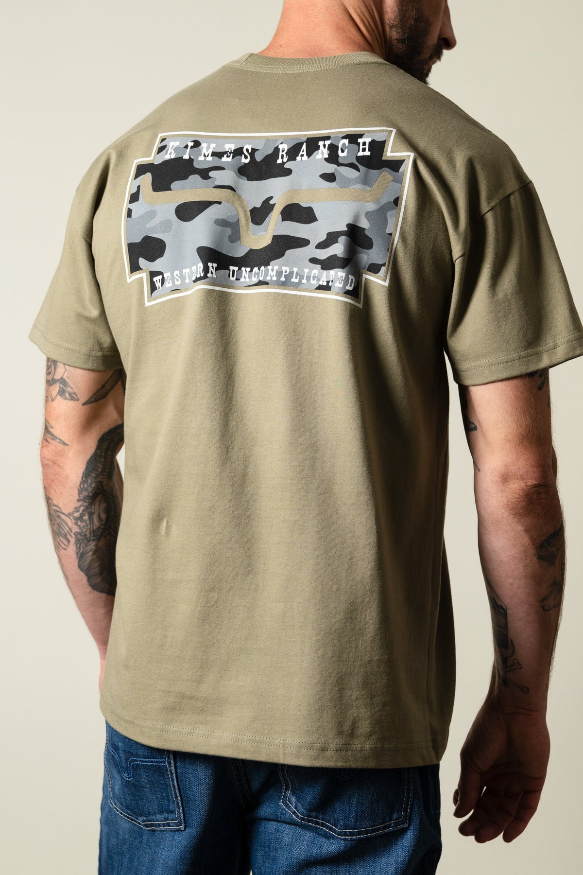 Kimes Ranch Camo Crest shirt, Light Olive, short sleeve tee featuring large back graphic with logo; #color_light olive