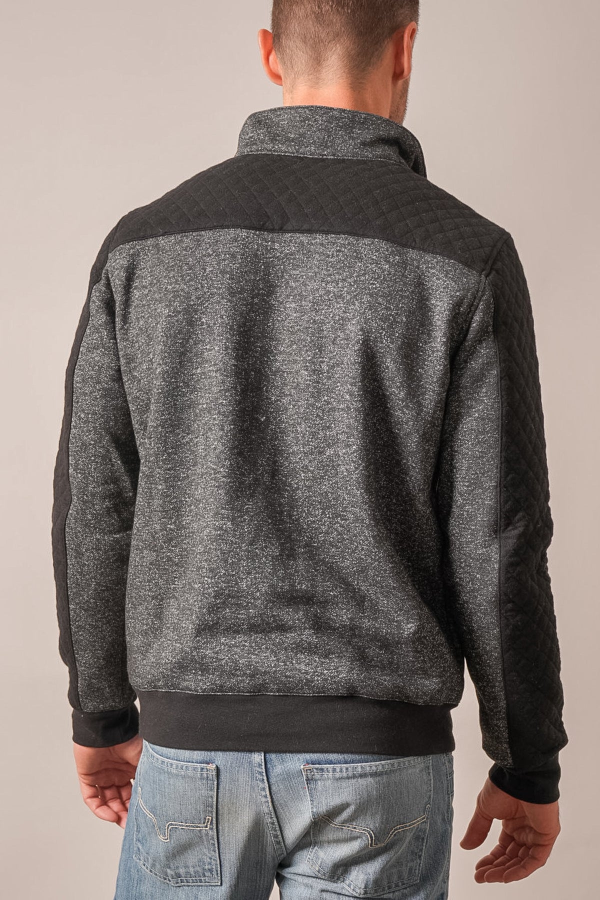 Kimes Ranch Canfield sweatshirt back, charcoal heather marl with black quilted yoke, sleeves, collar, and ribbed waistband