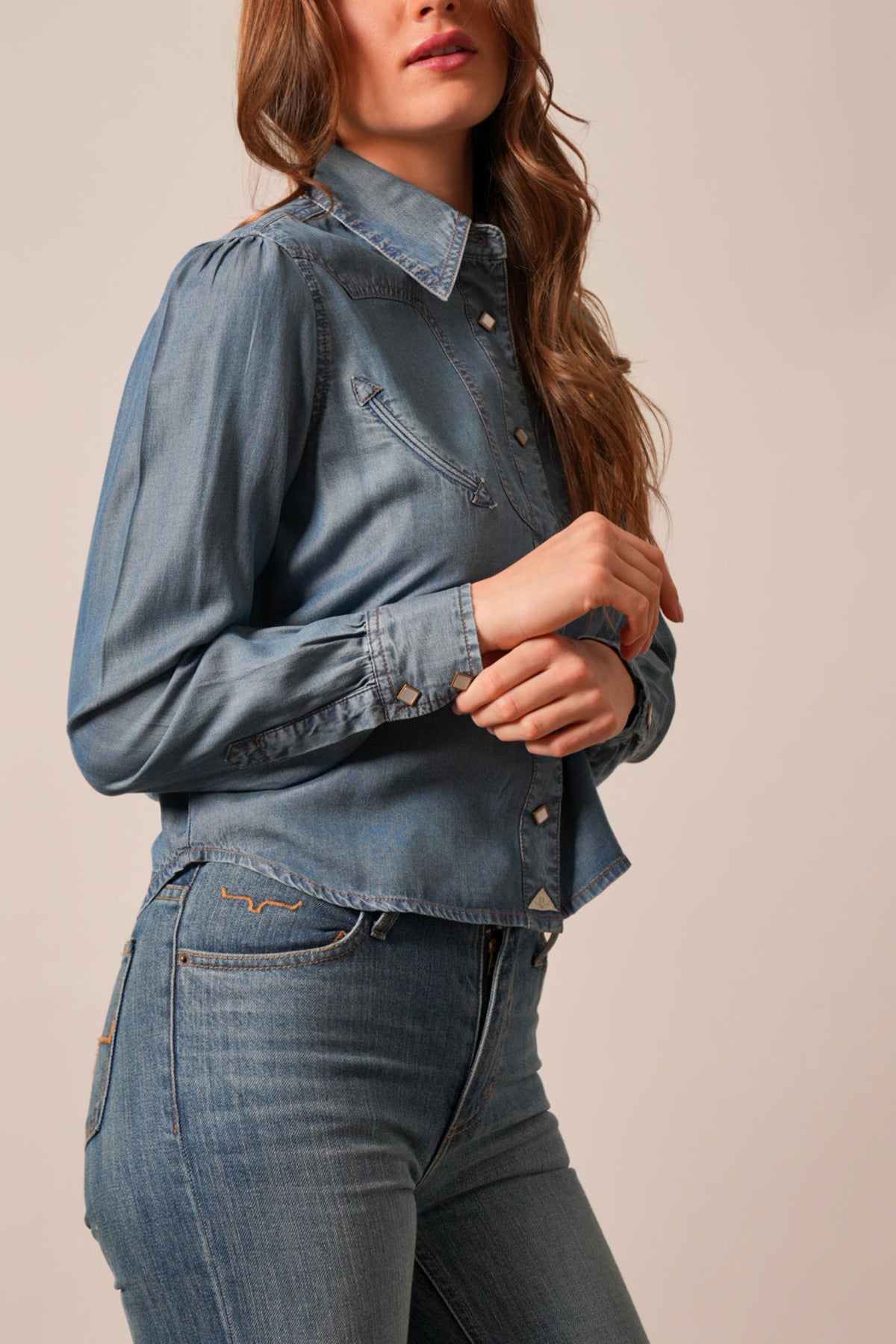 Kimes Ranch Cece top in Indigo, long sleeve button-front denim with yoke stitching and metallic buttons