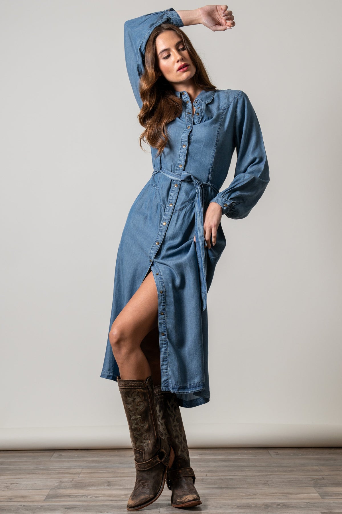 Kimes Ranch Channy long sleeve button-front denim skirt with side slit, blue