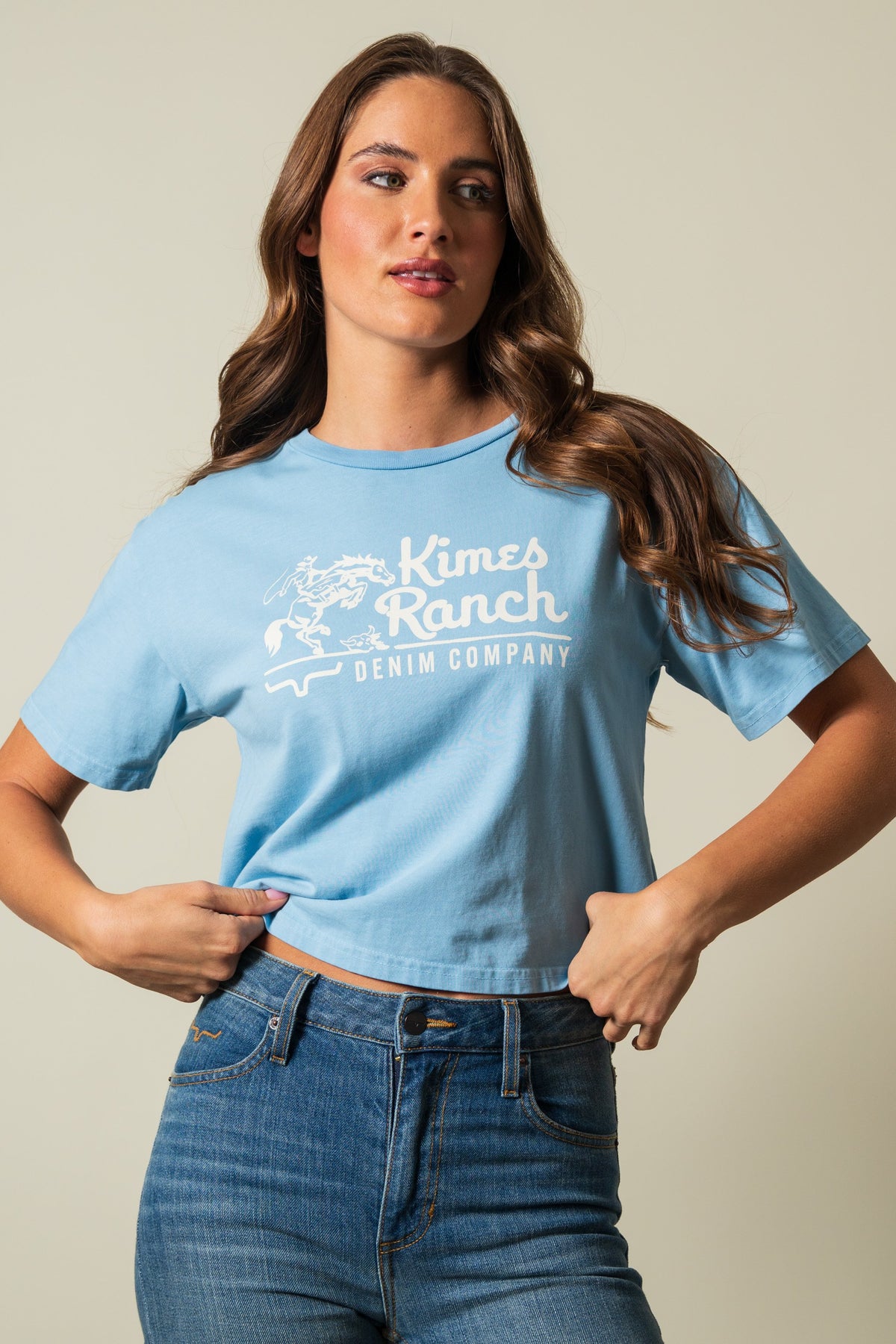 Kimes Ranch Davona Dale shirt in Faded Denim with Kimes Ranch logo and DENIM COMPANY print; #color_faded denim