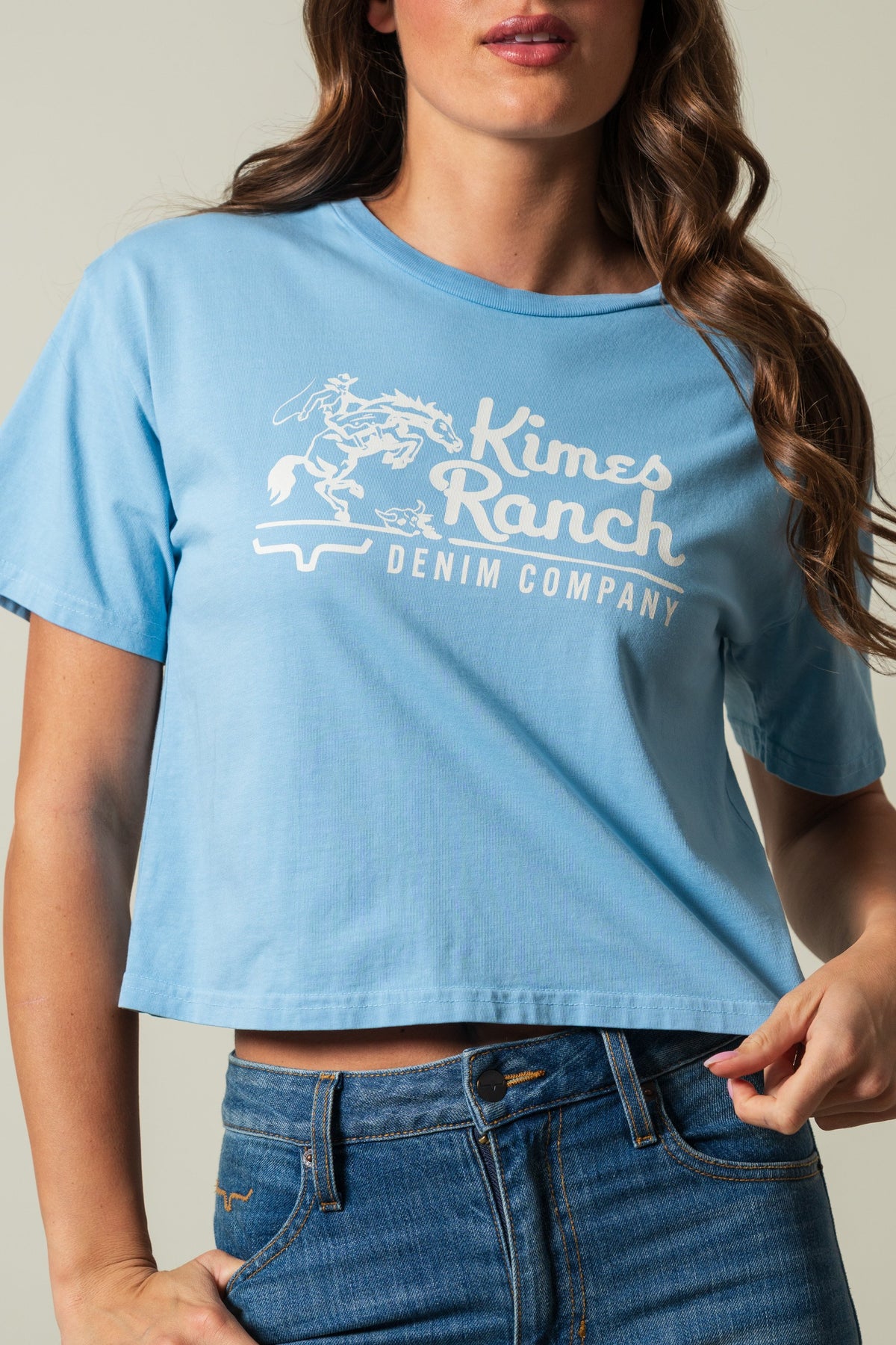 Faded Denim Kimes Ranch Davona Dale short-sleeve shirt with Kimes Ranch logo; #color_faded denim
