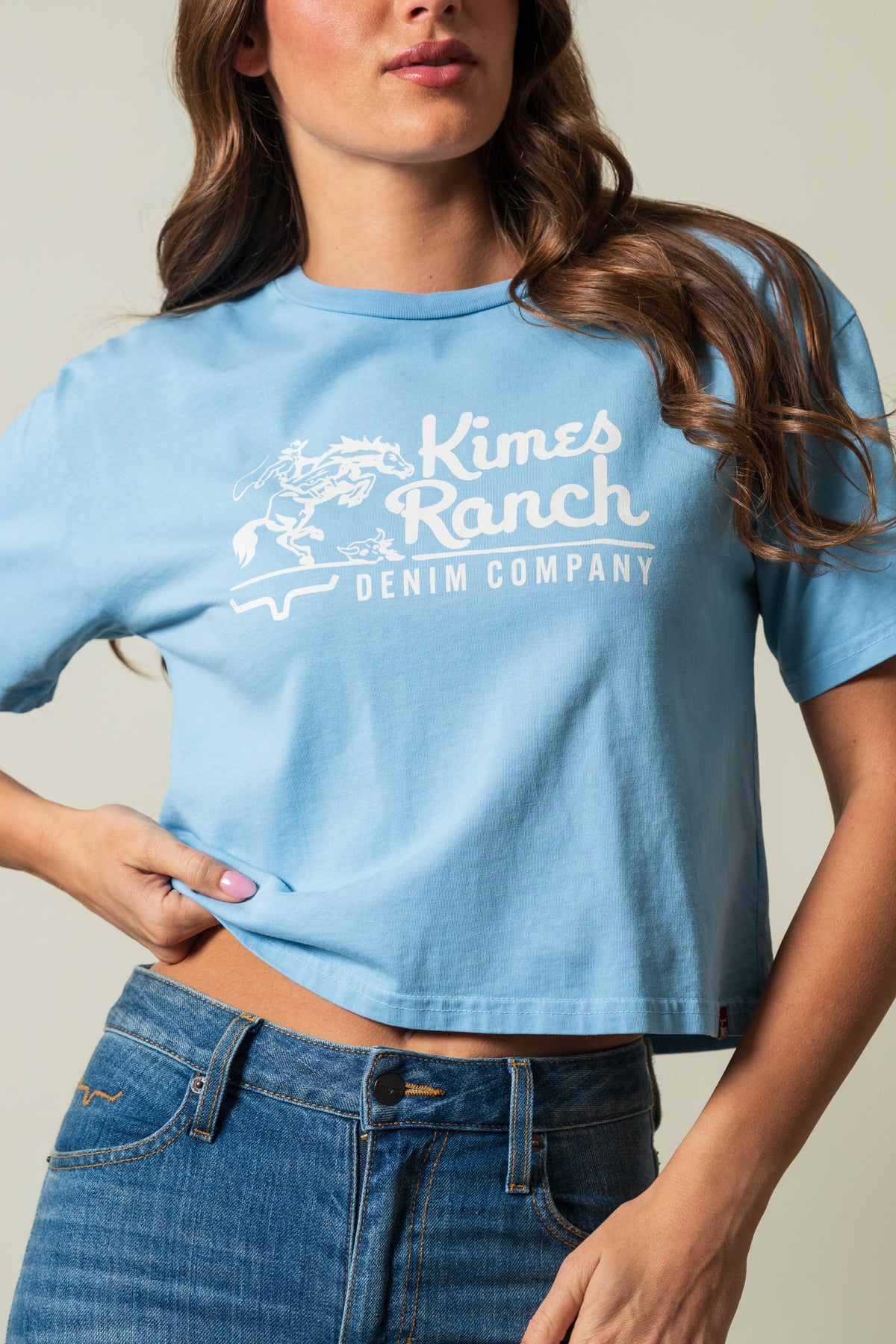 Kimes Ranch Davona Dale shirt in faded denim with a white Kimes Ranch logo print; #color_faded denim