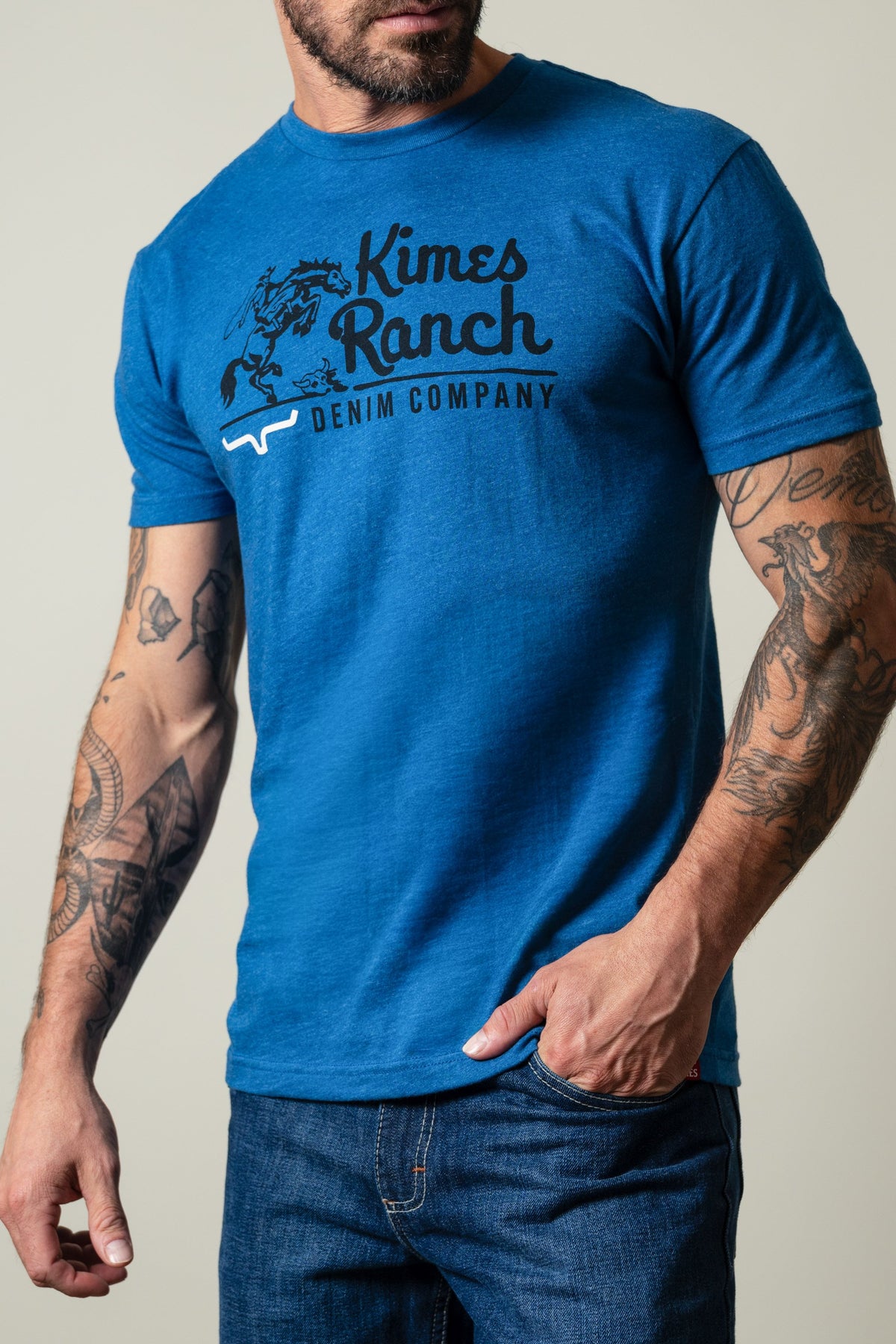 Kimes Ranch Davona Dale Heather Cool Blue shirt with Kimes Ranch logo and DENIM COMPANY text; #color_heather cool blue