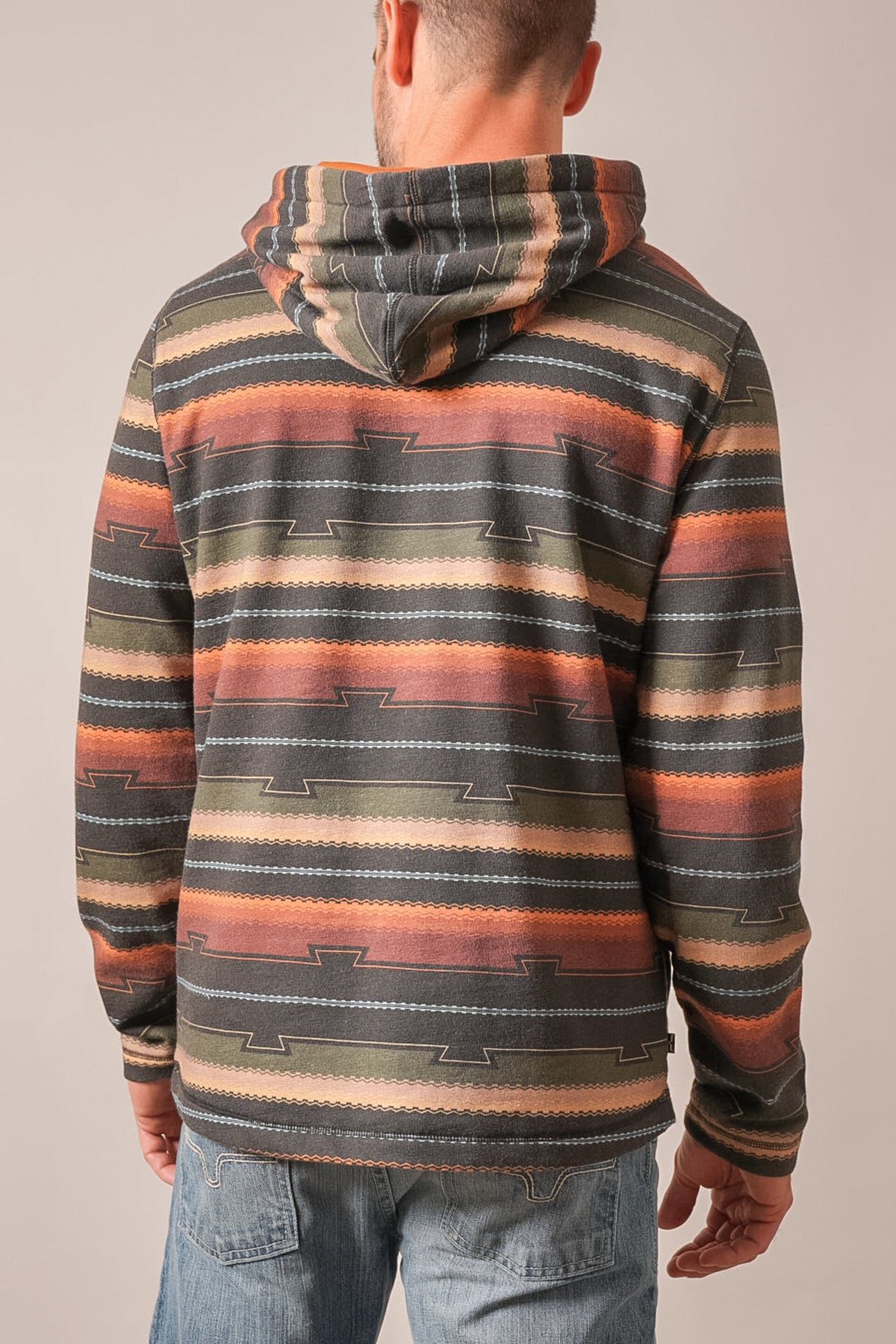 Kimes Ranch Dogwood Hoodie in Black, back view showing multicolor striped pattern, hood, and long sleeves