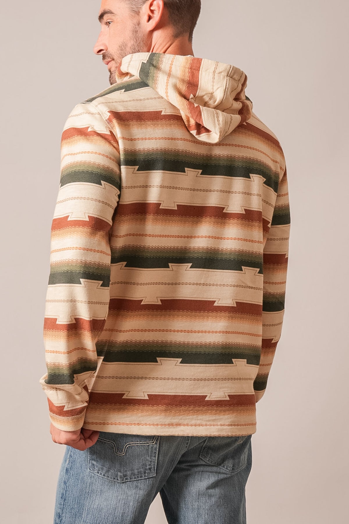 Kimes Ranch Dogwood hoodie in natural with multi-color horizontal geometric stripe pattern and hood