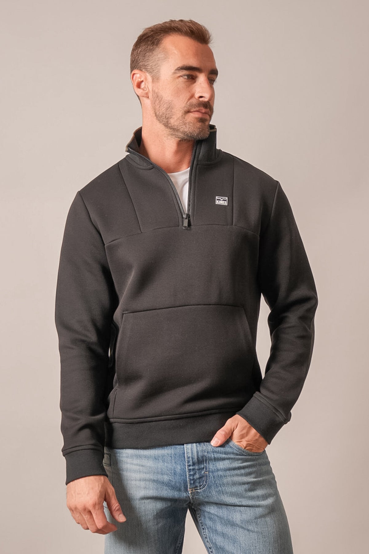 Kimes Ranch Doncast black long sleeve sweatshirt with quarter zip and front pocket