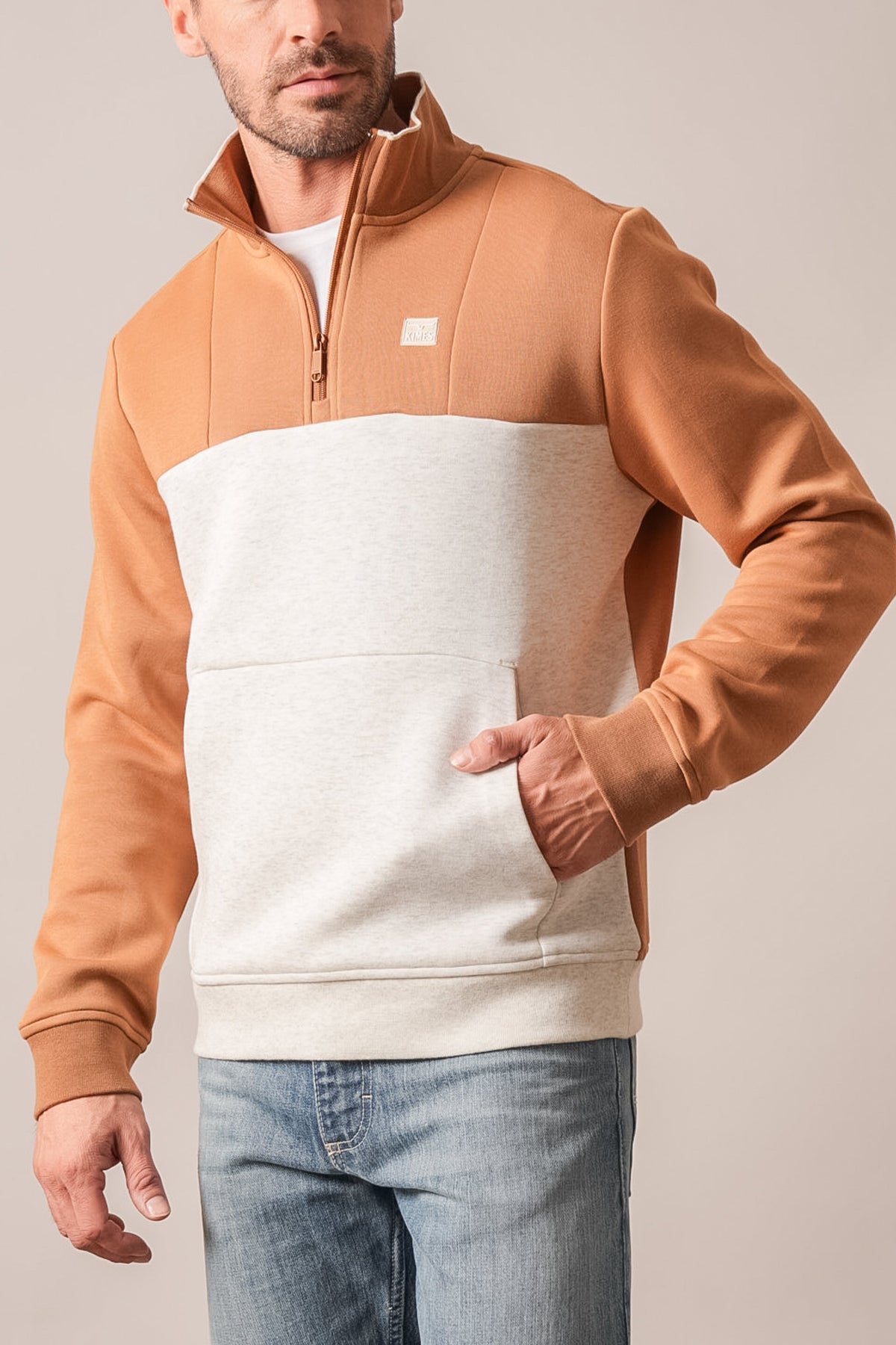 Kimes Ranch Doncast sweatshirt in Work Wear Brown and oatmel colorblock, long sleeve, quarter zip, kangaroo pocket