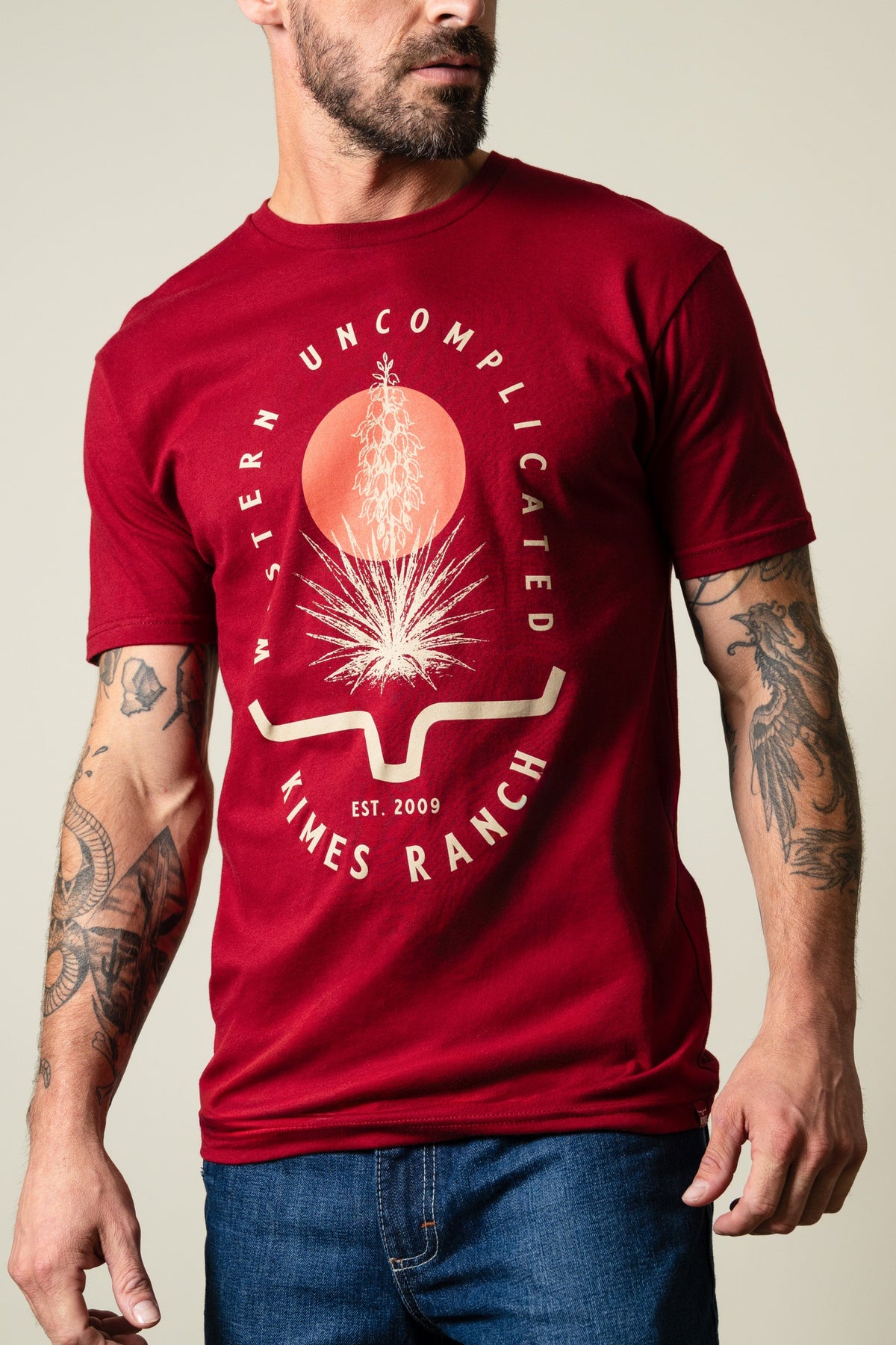 Kimes Ranch Drought Resistant short sleeve crew neck Cardinal t-shirt with Western Uncomplicated Kimes Ranch Est 2009 graphic; #color_cardinal