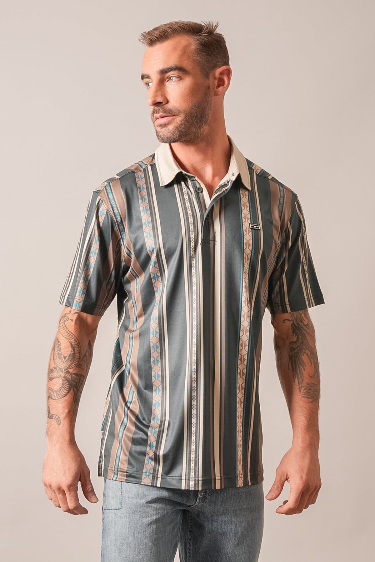 Kimes Ranch Evans short-sleeve striped polo in Forest with contrast collar