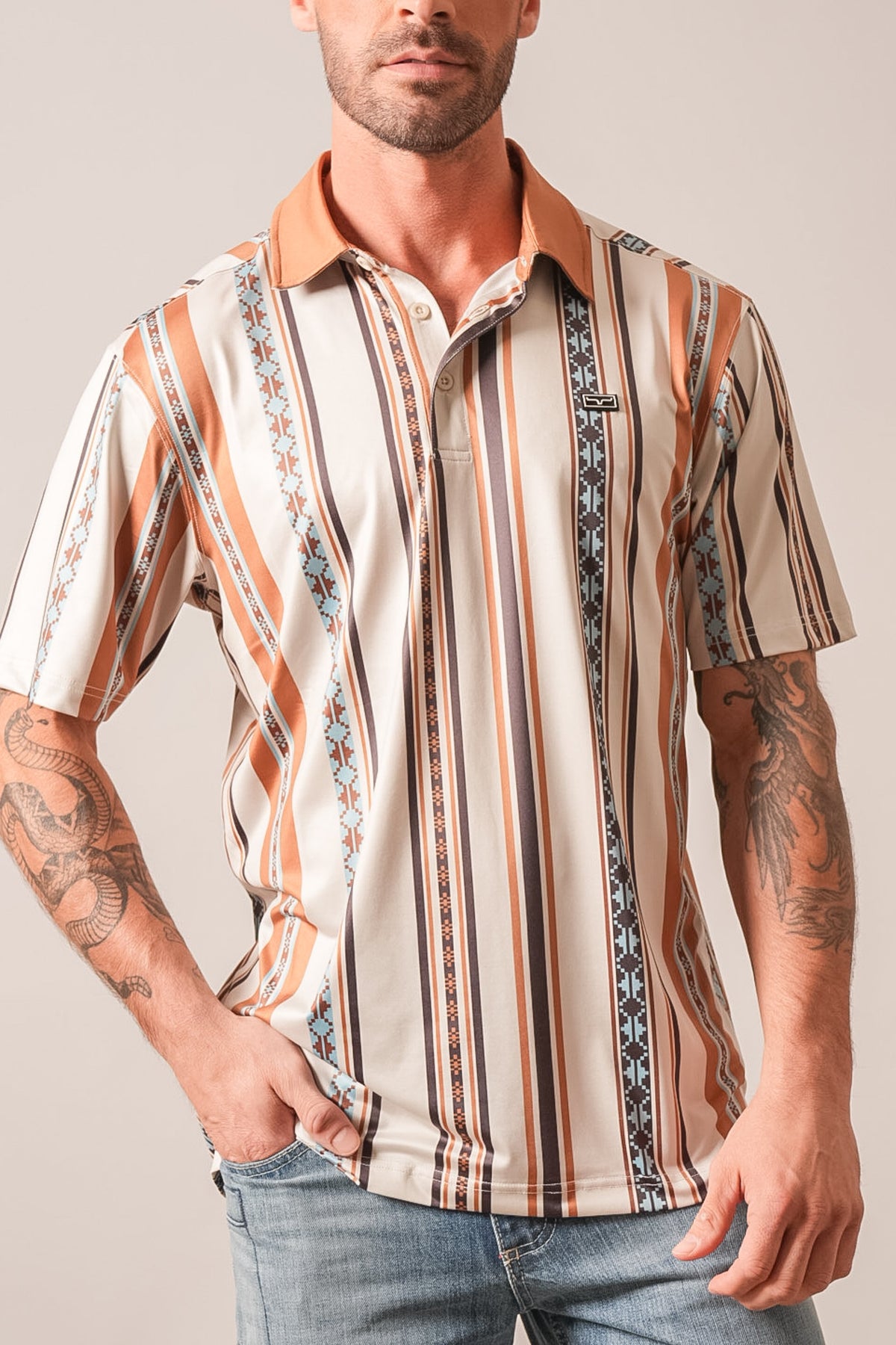 Kimes Ranch Evans polo in natural with brown and blue geometric stripes, collar, and logo