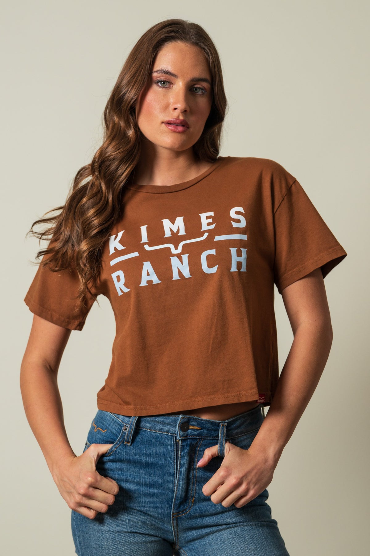 Kimes Ranch Faded Brand shirt in brown with a white graphic print featuring the words KIMES RANCH and the Kimes Ranch logo; #color_brown