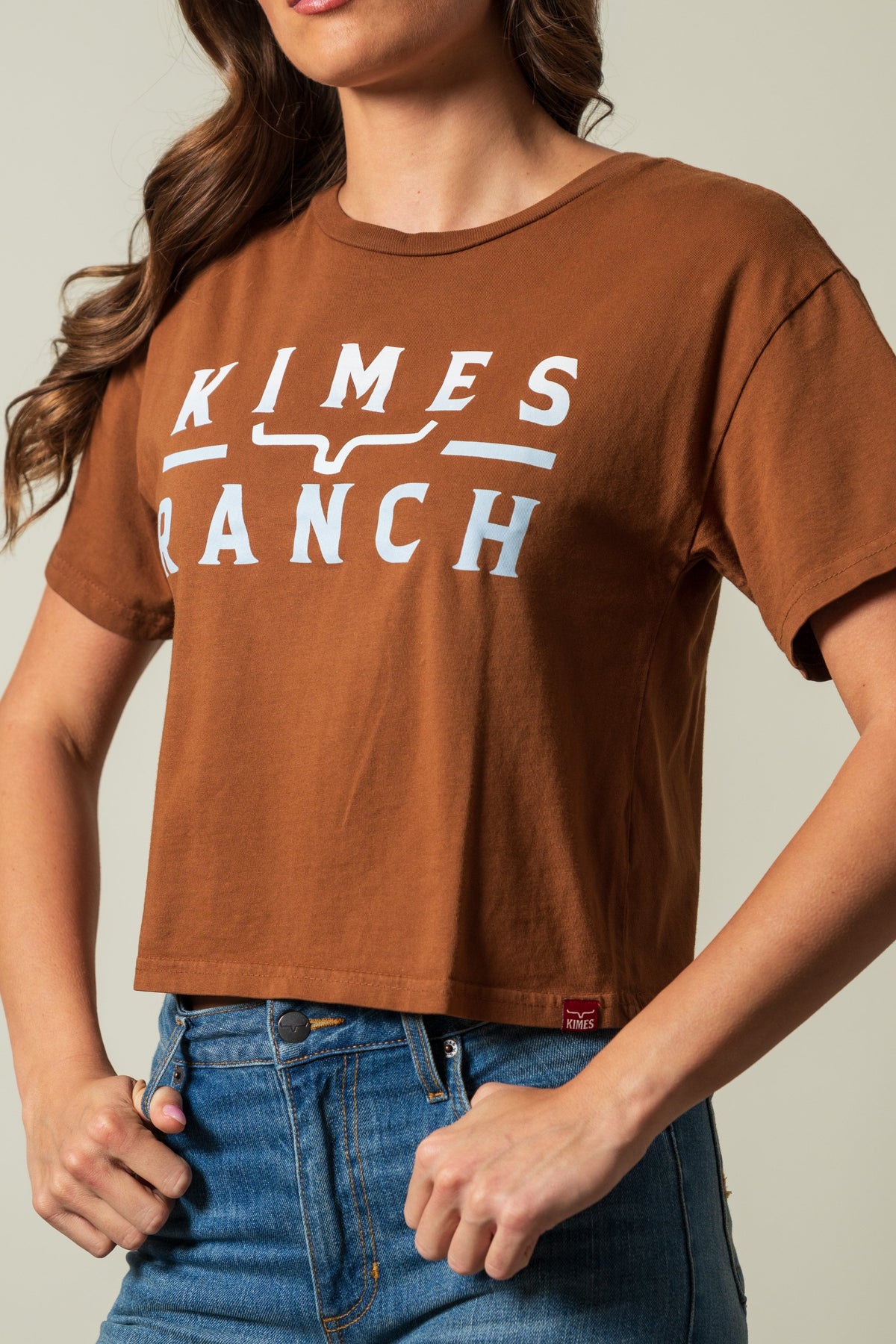 Kimes Ranch Faded Brand shirt in brown with white KIMES RANCH and logo graphic on front; #color_brown