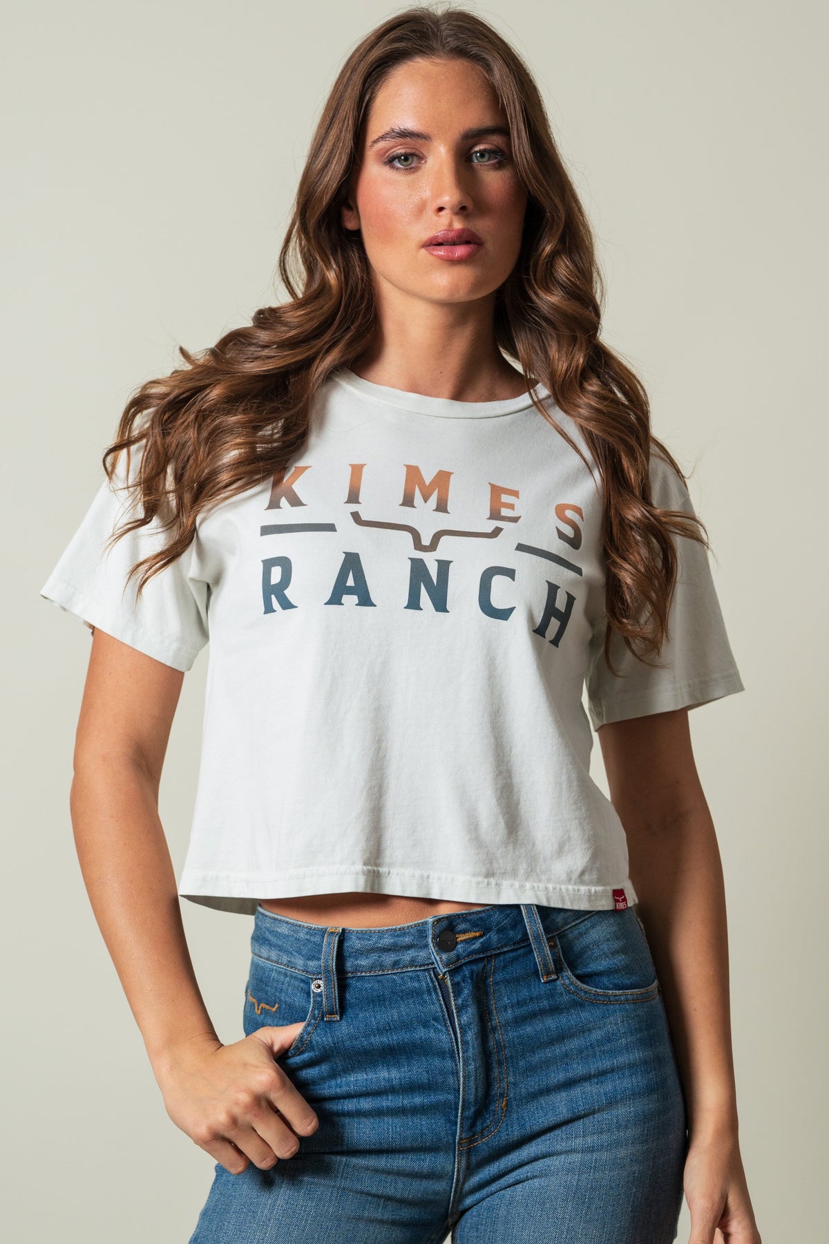 Kimes Ranch Faded Brand short sleeve crew neck shirt in natural with graphic text and logo; #color_natural