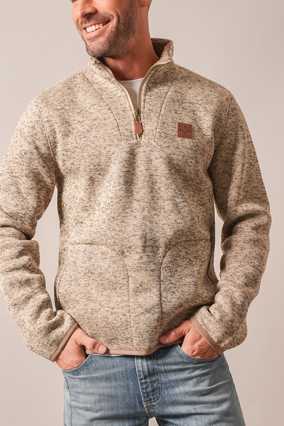 Kimes Ranch Fontana men's natural marled sweatshirt with quarter zip, patch pocket, and logo patch