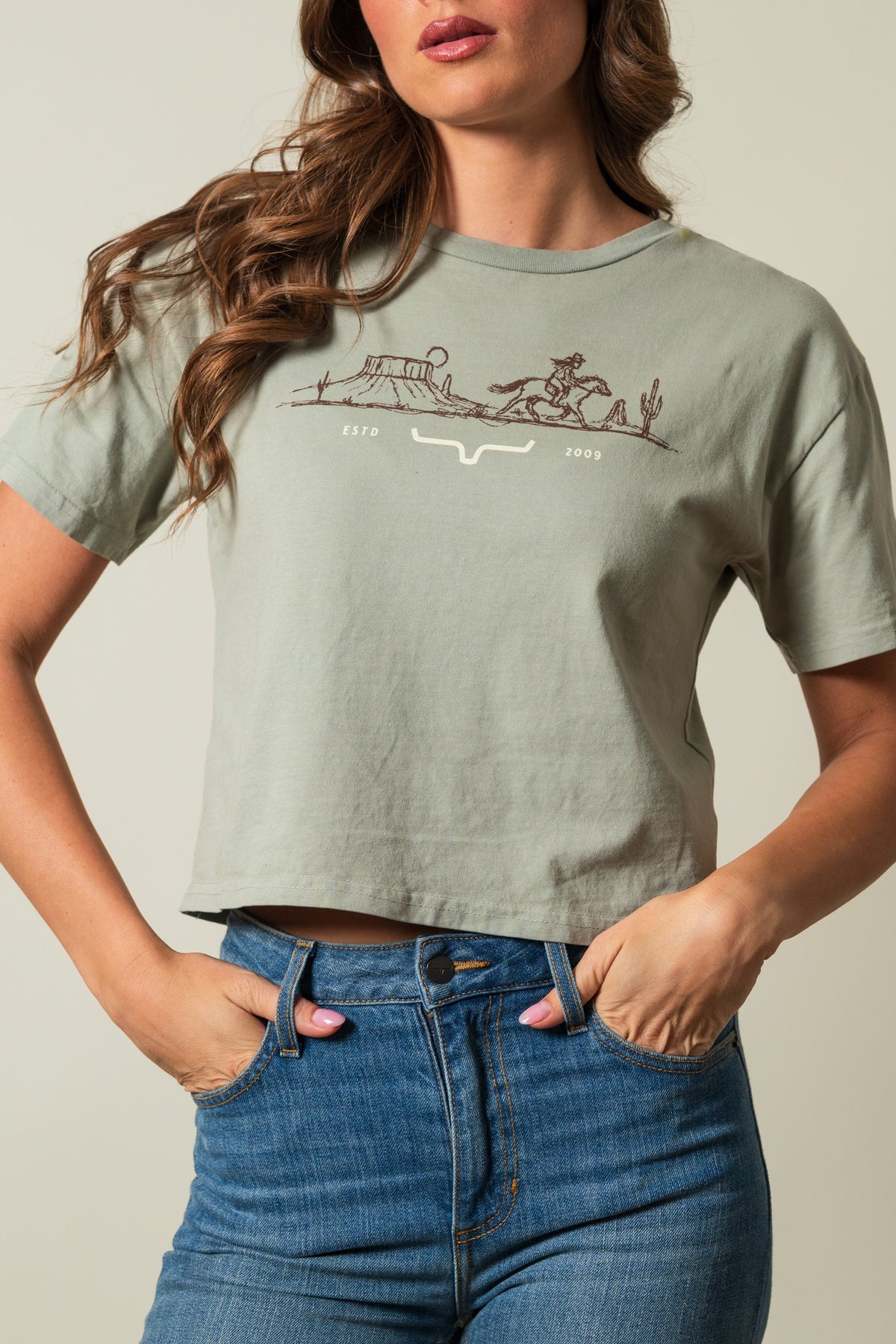 Kimes Ranch Go West t-shirt in Sage with western graphic reading ESTD 2009; #color_sage