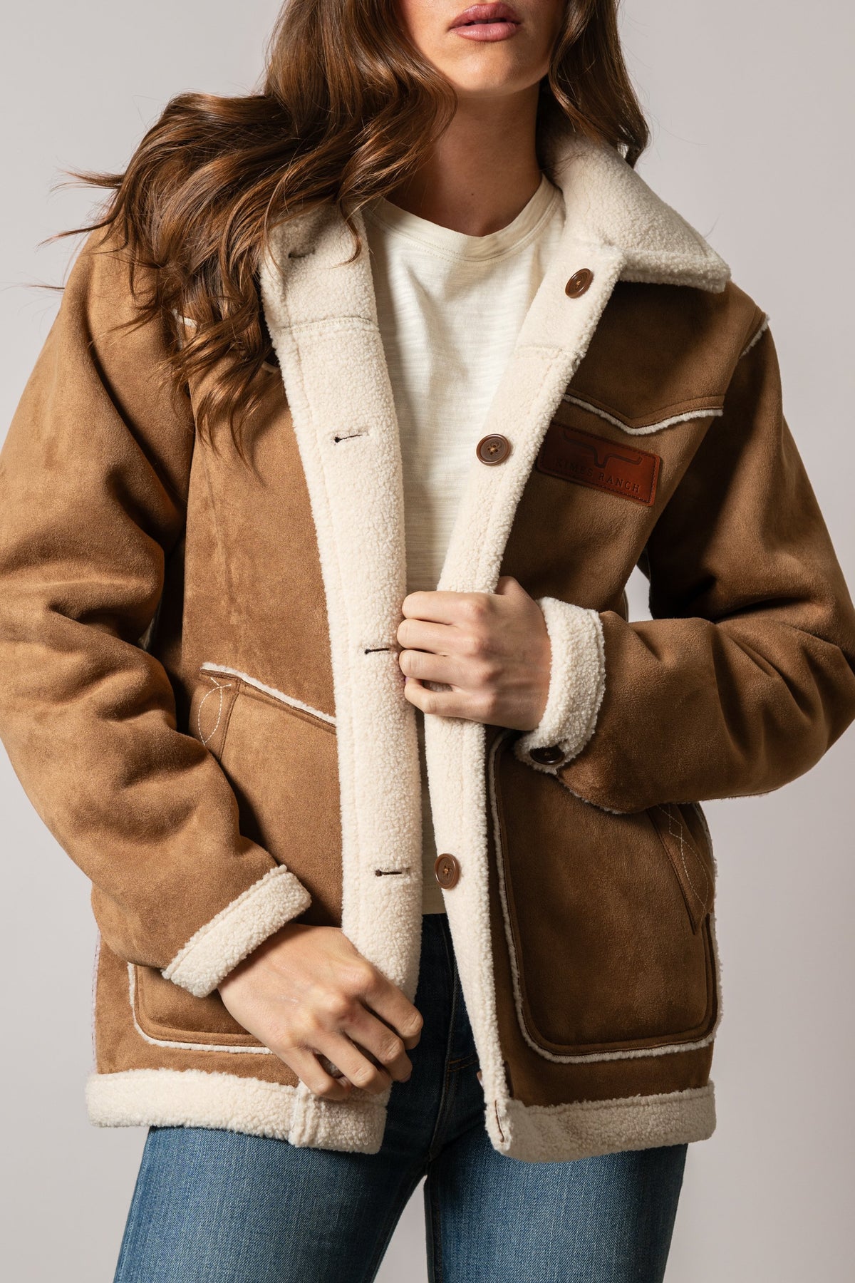Kimes Ranch Hanna jacket in Tobacco, featuring a sherpa-lined collar and front closure