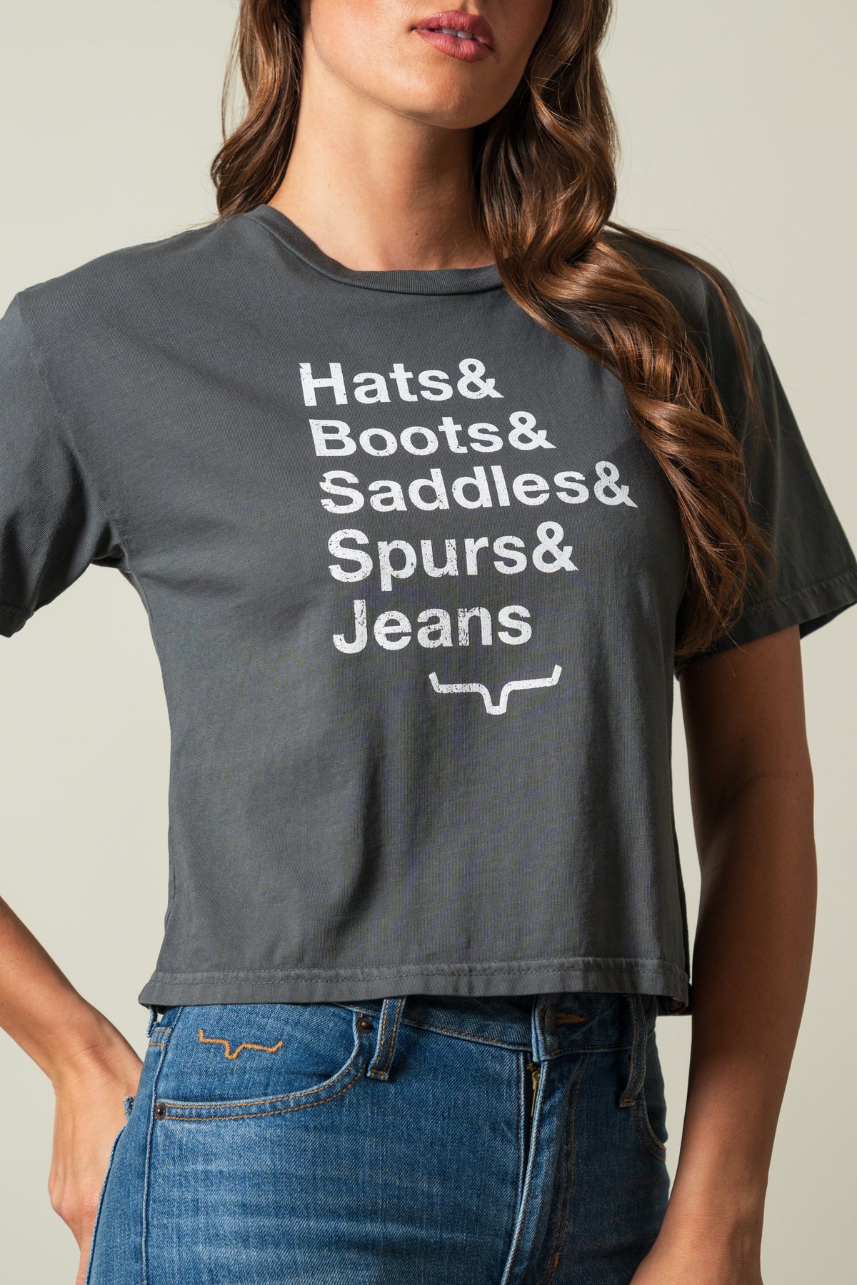 Kimes Ranch Hats & Boots cropped tee in Pepper, featuring white text and a logo on the front; #color_pepper