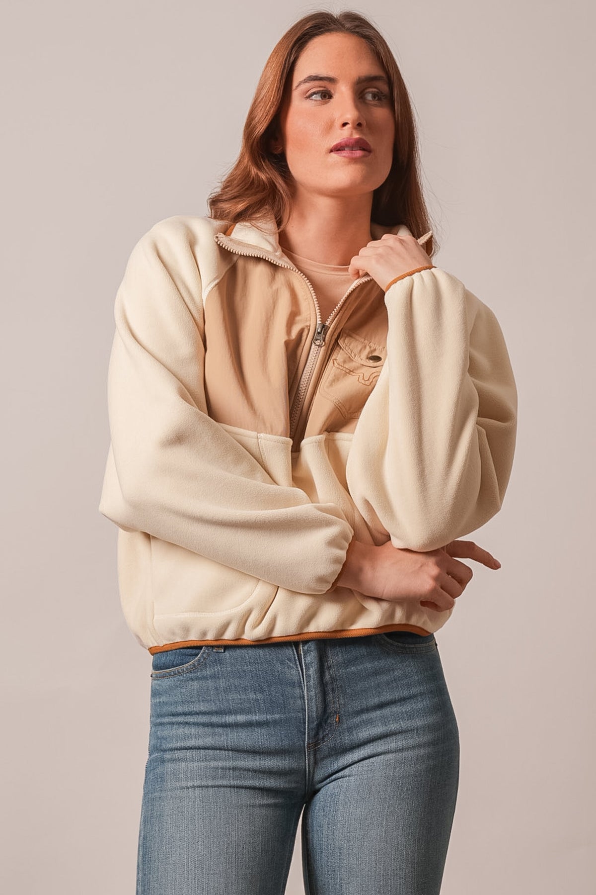 Kimes Ranch Indie sweatshirt in Natural with two-tone paneling, long sleeves, front zip, and front kangaroo pockets
