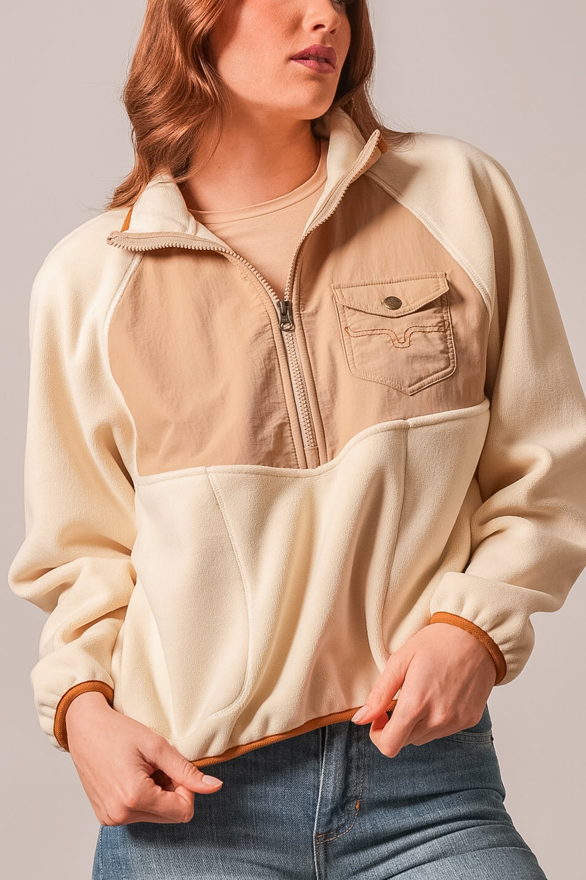 Kimes Ranch Indie sweatshirt in Natural, featuring a half-zip collar, chest pocket, and two-tone paneling