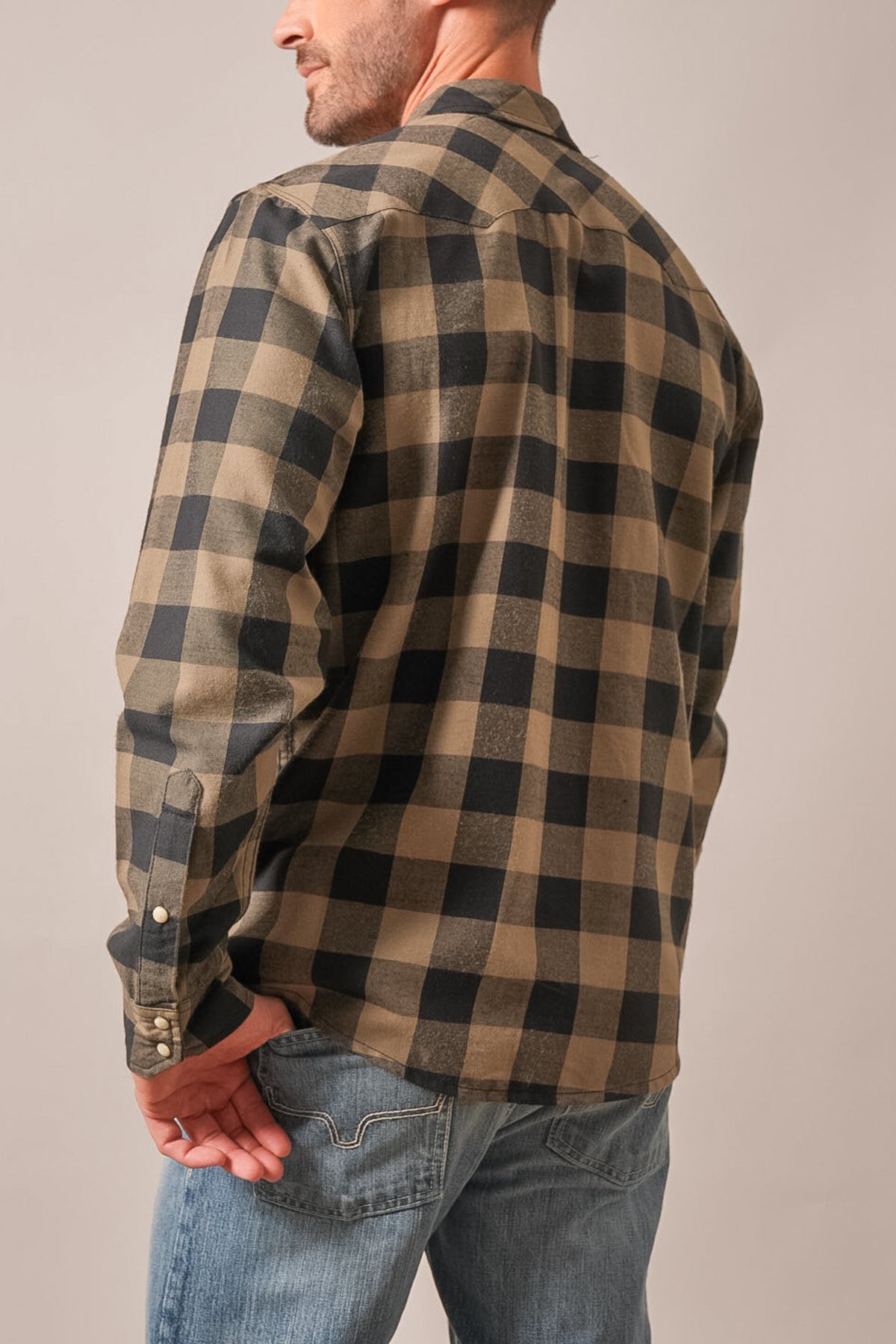 Kimes Ranch Jonez Army Green long sleeve dress shirt, back view, featuring a large plaid pattern and a standard collar