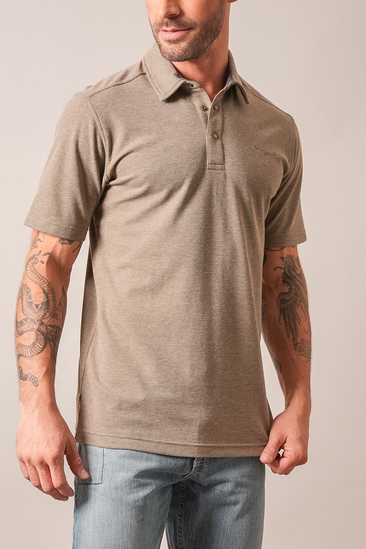 Kimes Ranch Kingsley Army Heather polo with collar, three-button placket, and logo on the left chest
