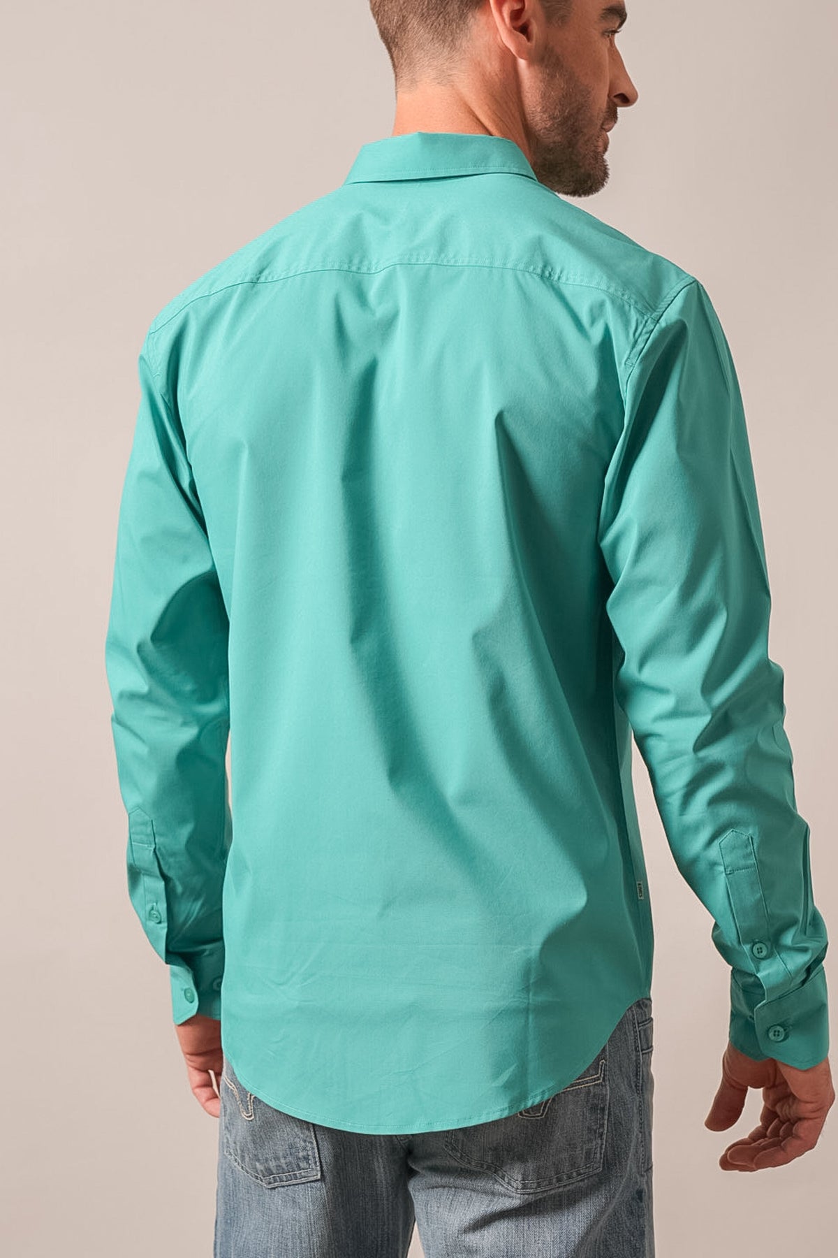 Kimes Ranch KR Team Shirt long sleeve dress shirt in teal with collar, back yoke and button cuffs
