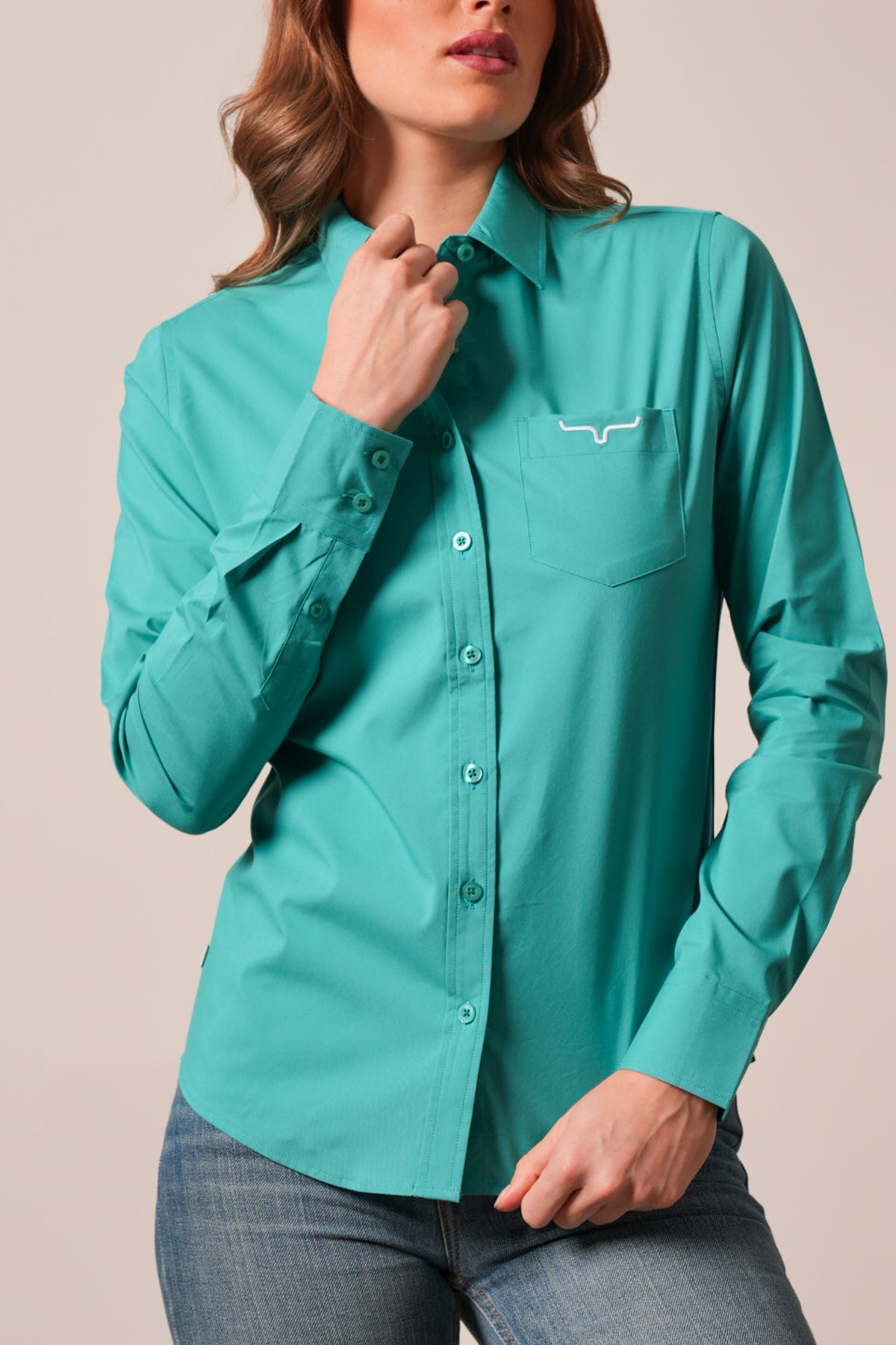Kimes Ranch KR Team Shirt in Teal with long sleeves, front button closure, and white logo on chest pocket