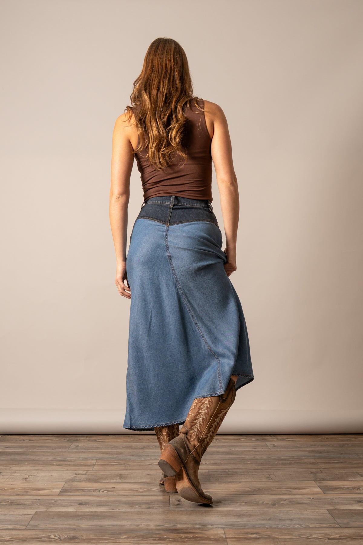 Kimes Ranch Ladonna Indigo denim skirt back view, high waist, wrap silhouette, contrast stitching