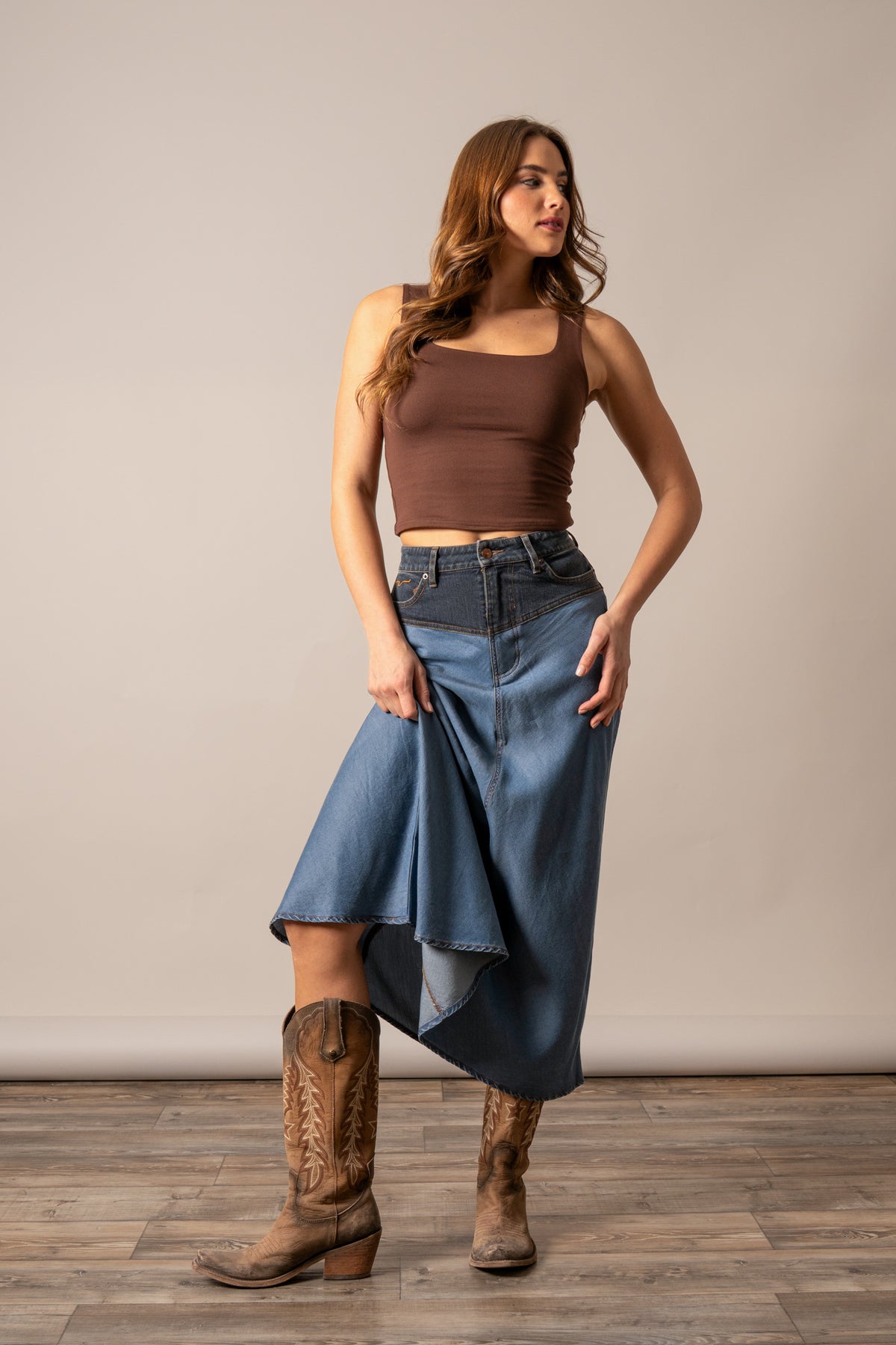 Kimes Ranch Ladonna skirt, indigo denim with a draped wrap front and raw edge hem
