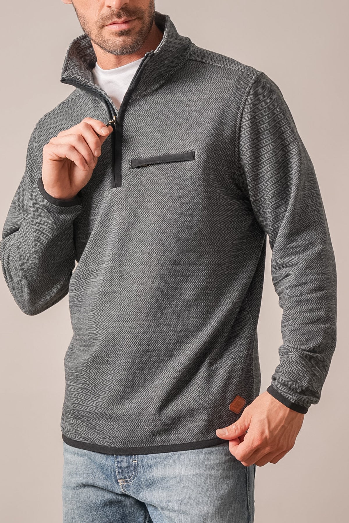 Kimes Ranch Lambert men's long sleeve quarter-zip sweatshirt in black with charcoal herringbone knit