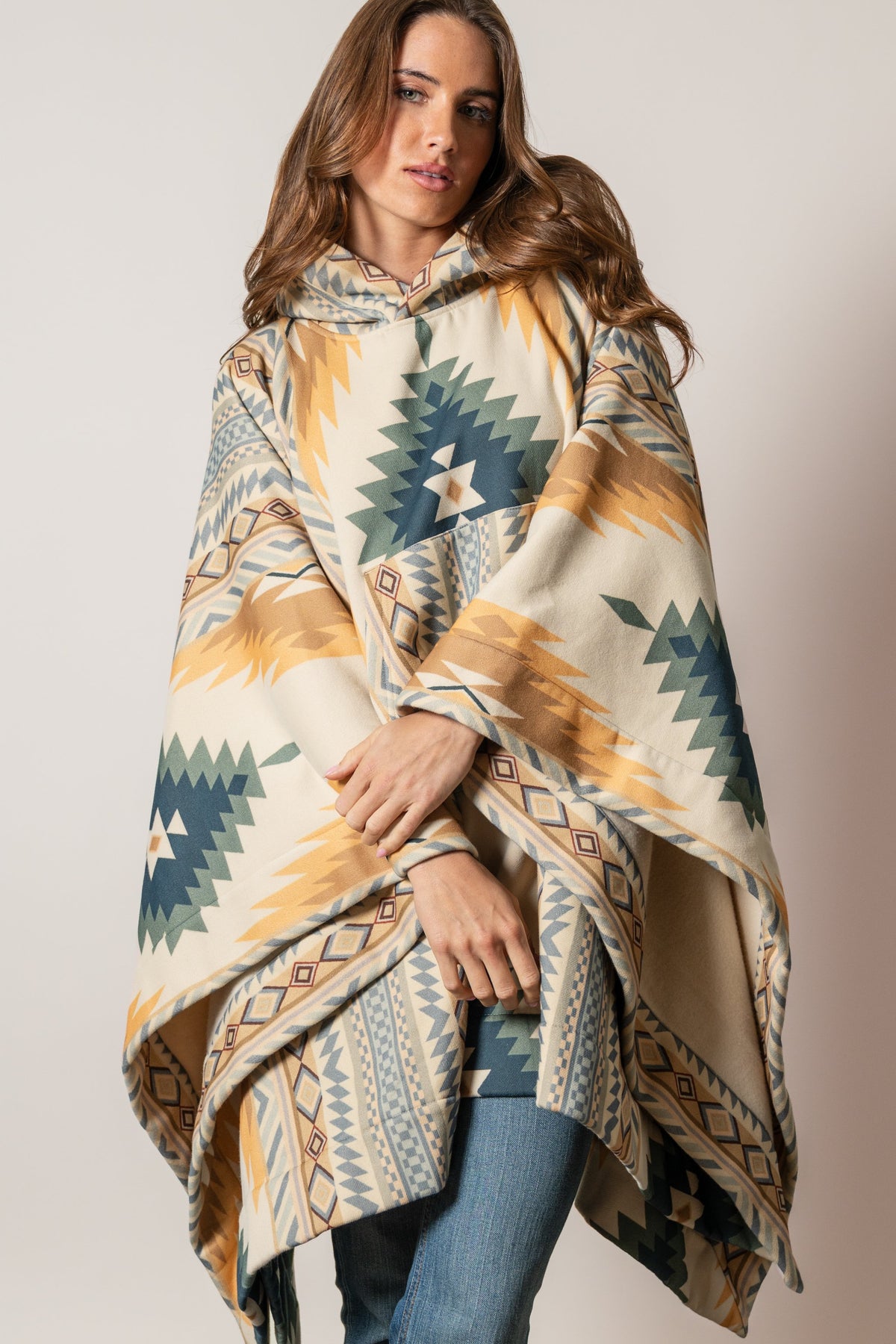 Kimes Ranch Lena hoodie in Sand featuring multi-color geometric and diamond patterns