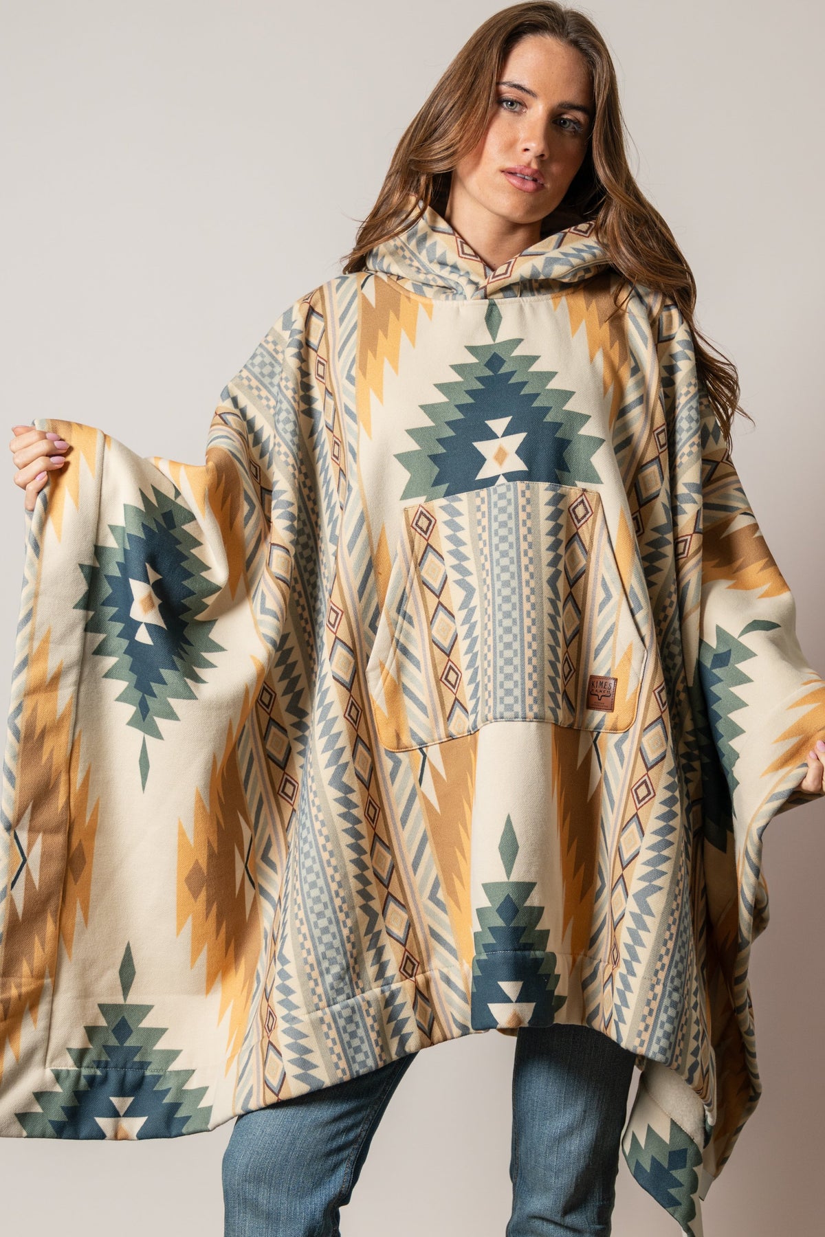 Kimes Ranch Lena Sand hooded sweatshirt poncho with geometric Aztec print and front pocket