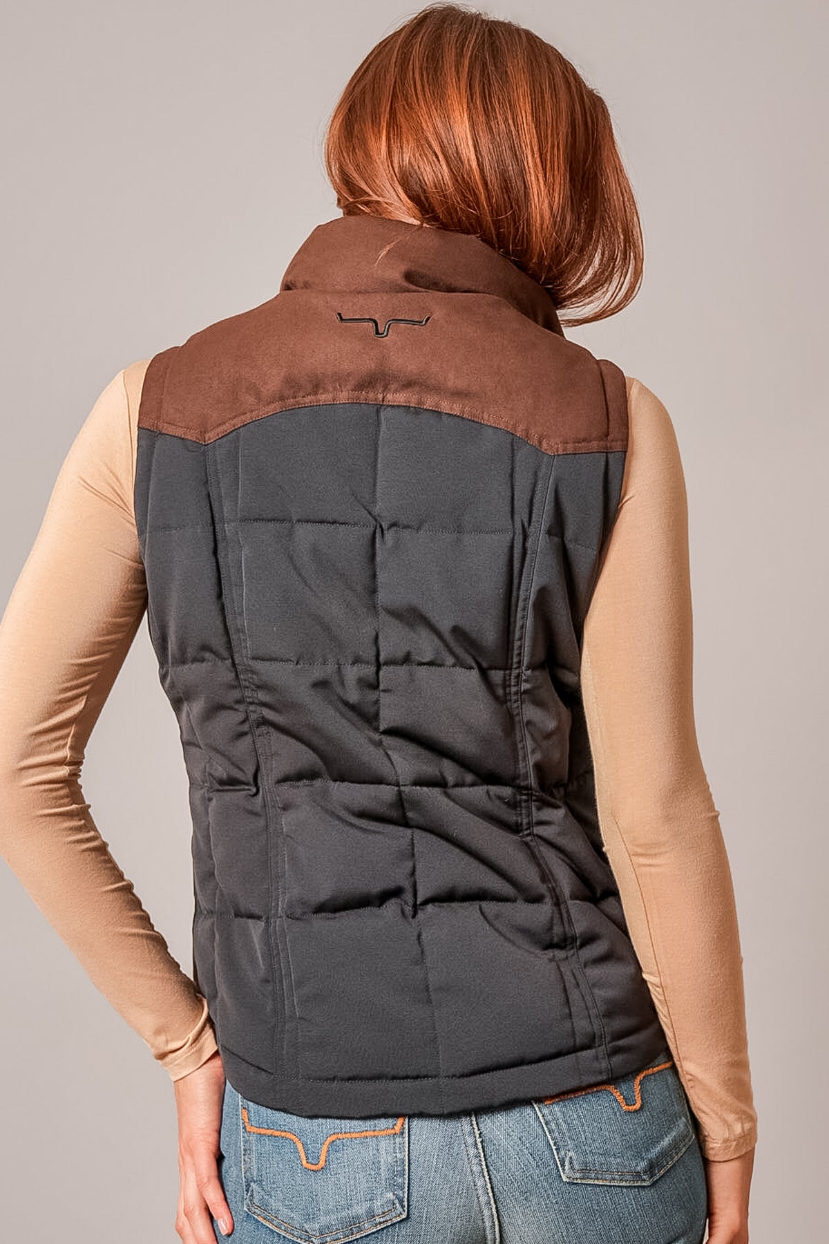 Kimes Ranch Lenora vest in black with brown suede yoke and Kimes Ranch logo