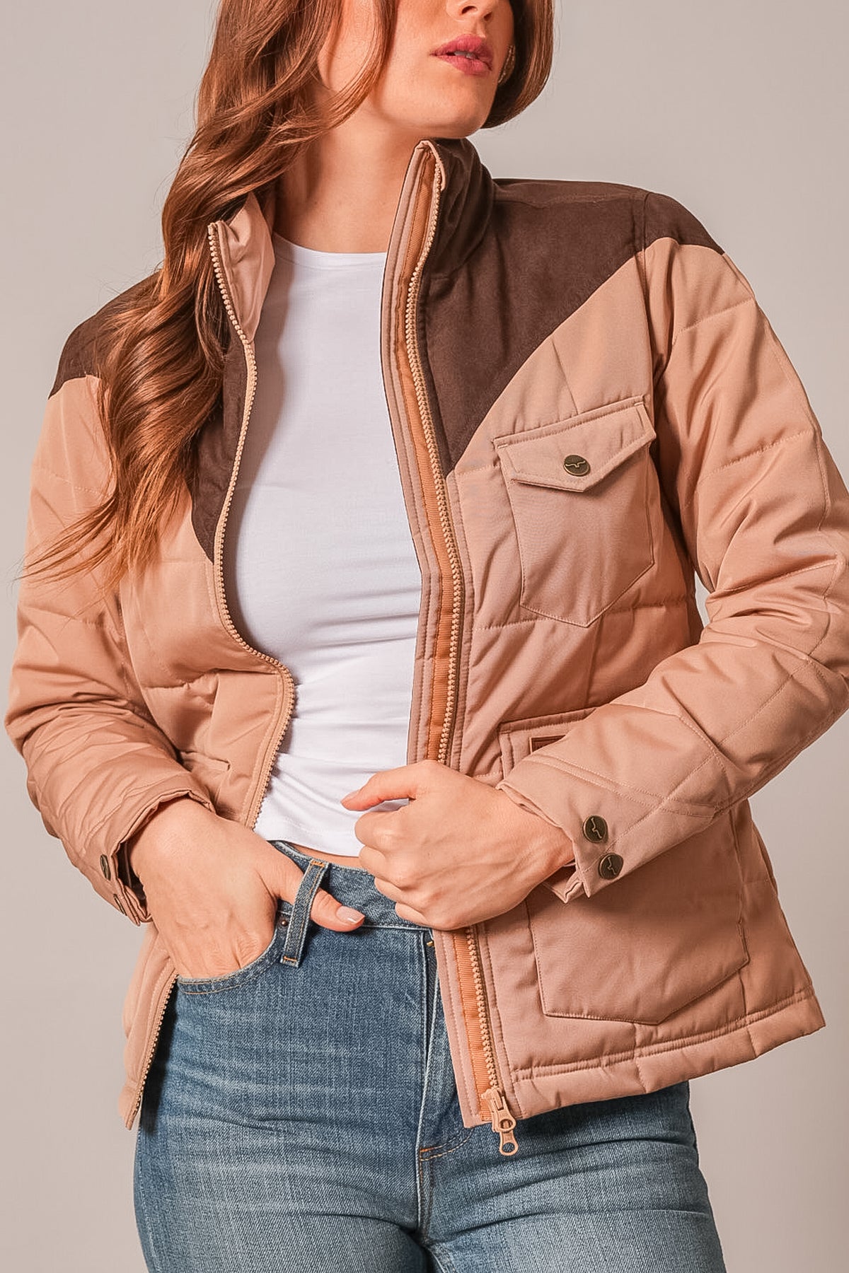 Kimes Ranch Lenora jacket in coffee color with brown suede shoulders, zip front closure, flap pocket, and quilted stitching
