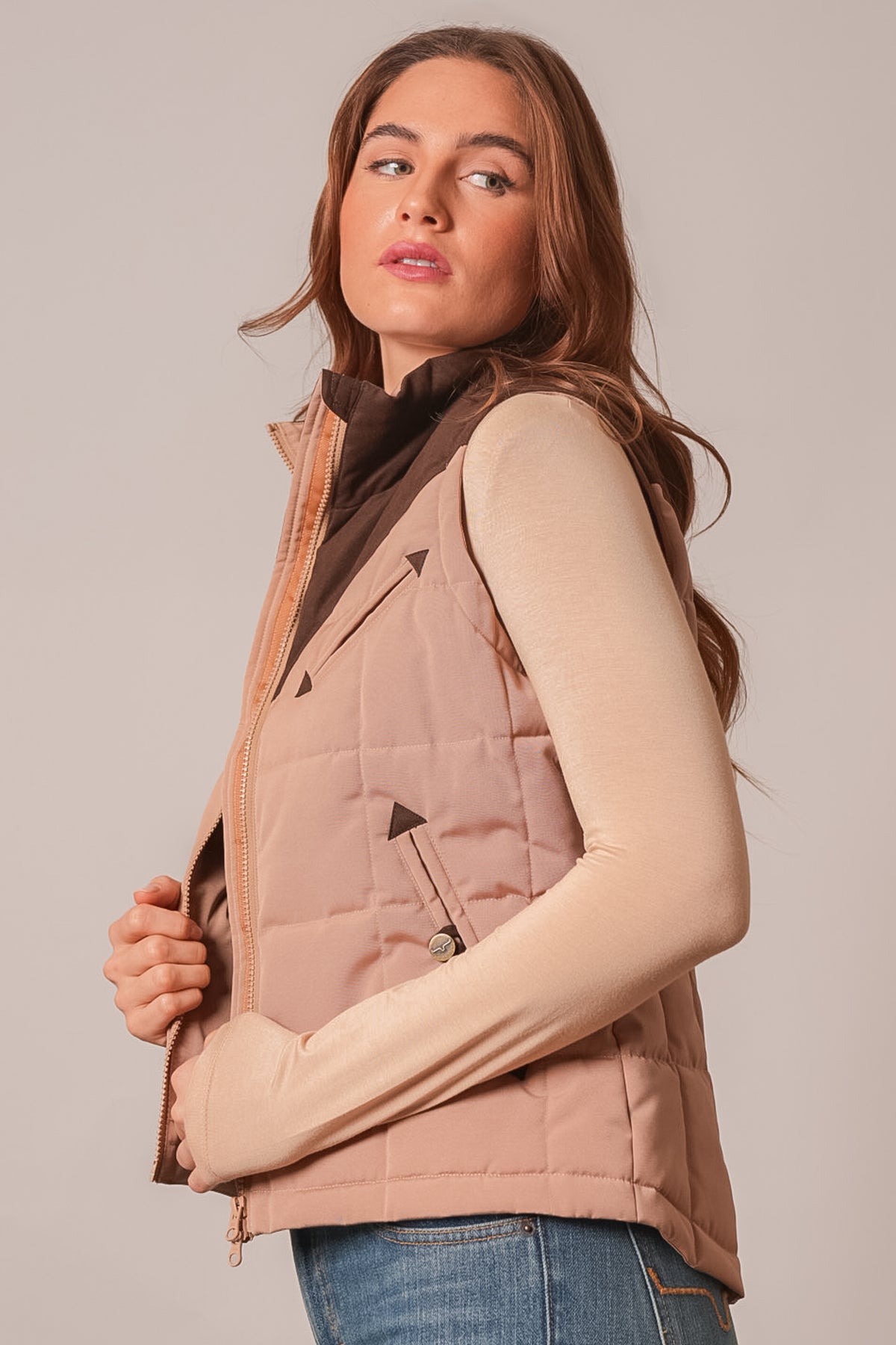 Kimes Ranch Lenora vest in Coffee with diagonal quilted stitching, zip front, and contrasting dark brown collar