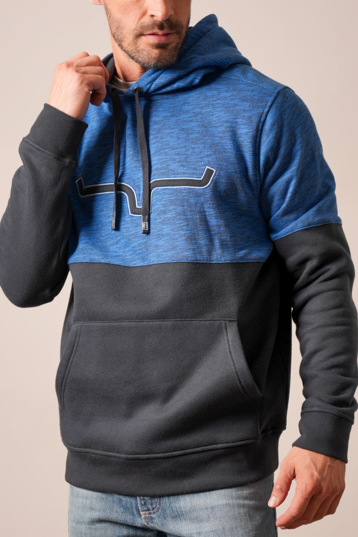 Kimes Ranch Mallard hoodie in Blue featuring long sleeves, a front kangaroo pocket and the Kimes Ranch logo on the chest