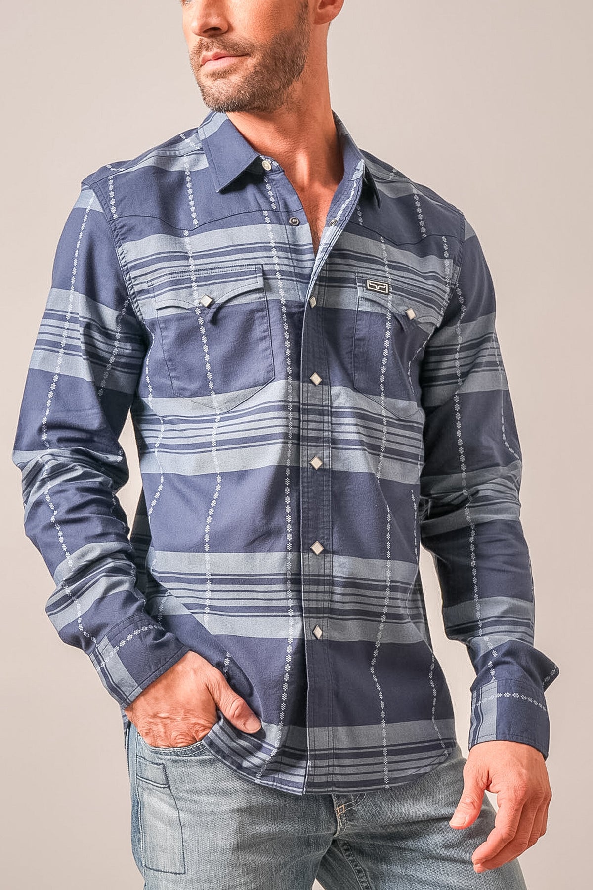 Kimes Ranch Mitch dress shirt in dark blue with chest pockets, snaps, and brand logo