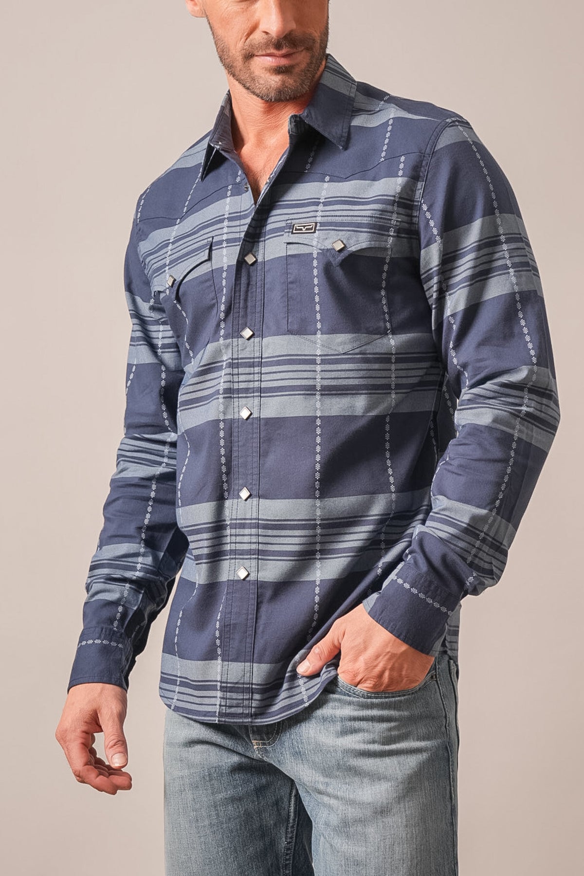 Kimes Ranch Mitch long sleeve dark blue button-up shirt, striped with vertical stitching, yoke, and two chest pockets