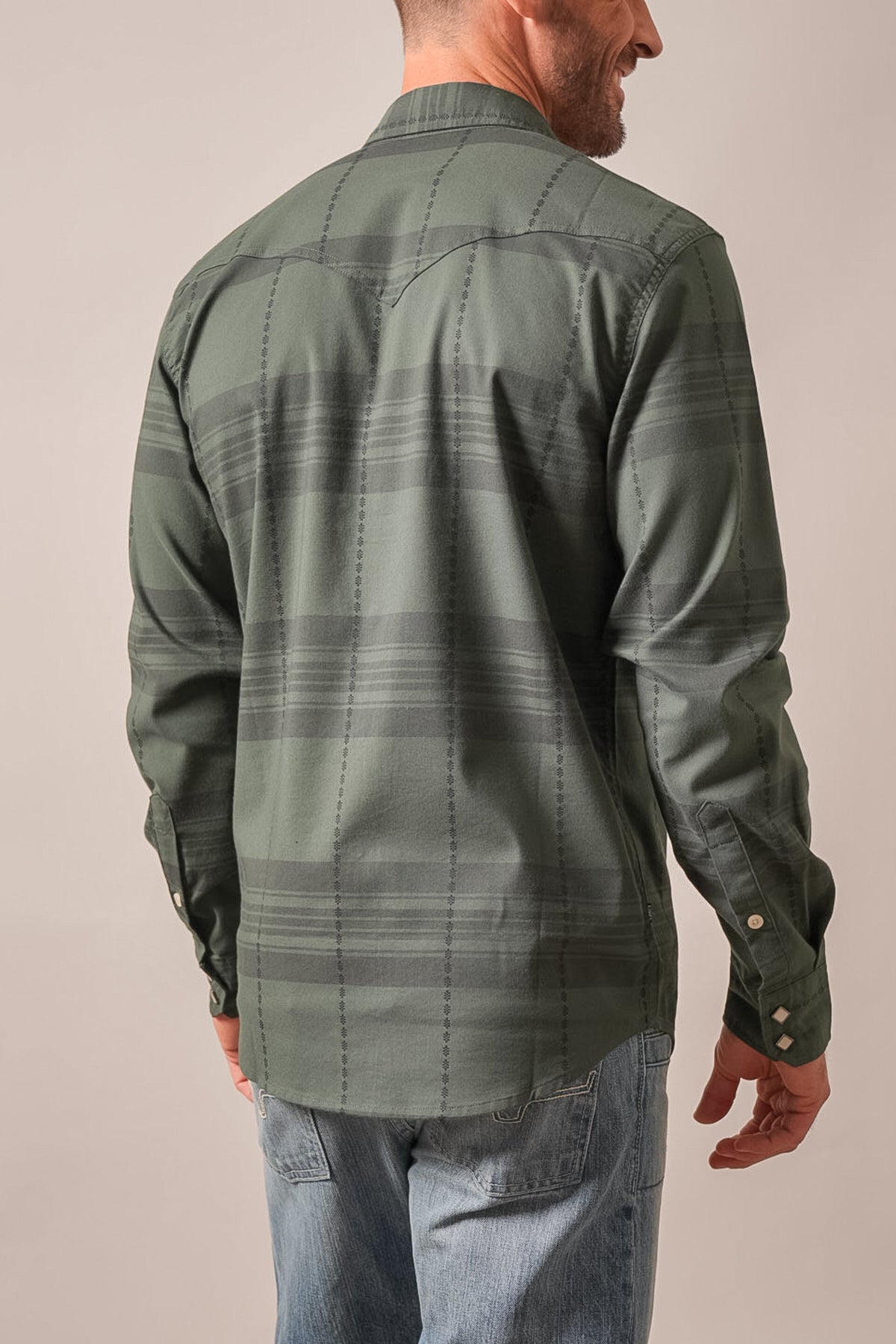 Kimes Ranch Mitch long sleeve plaid dress shirt in forest green with yoke, button cuffs, and curved back hem