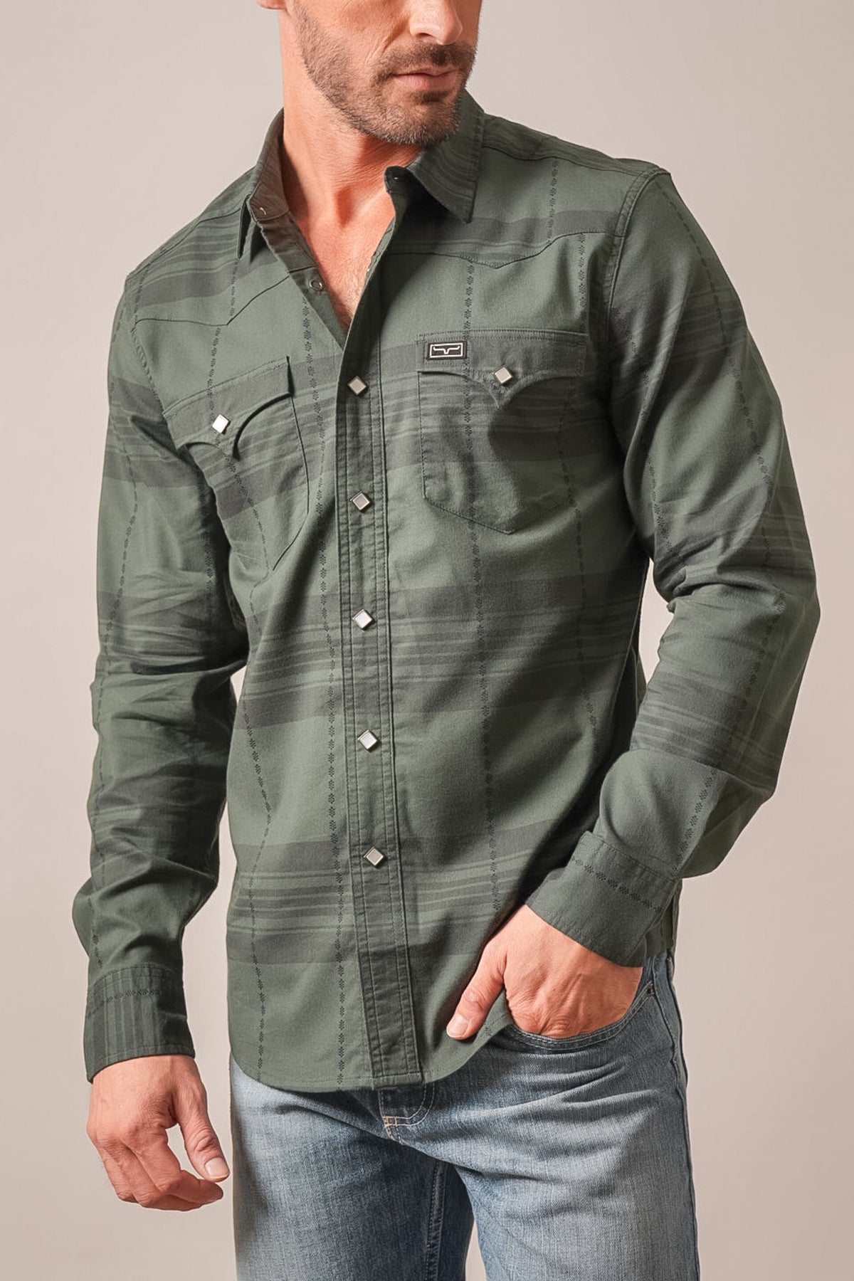 Kimes Ranch Mitch forest dress shirt with plaid pattern and Kimes Ranch logo