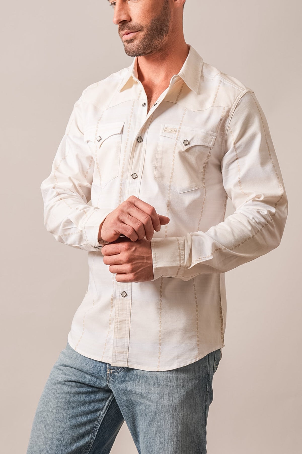 Kimes Ranch Mitch Dress Shirt in Natural with long sleeves, snap buttons, two chest pockets, and embroidered piping