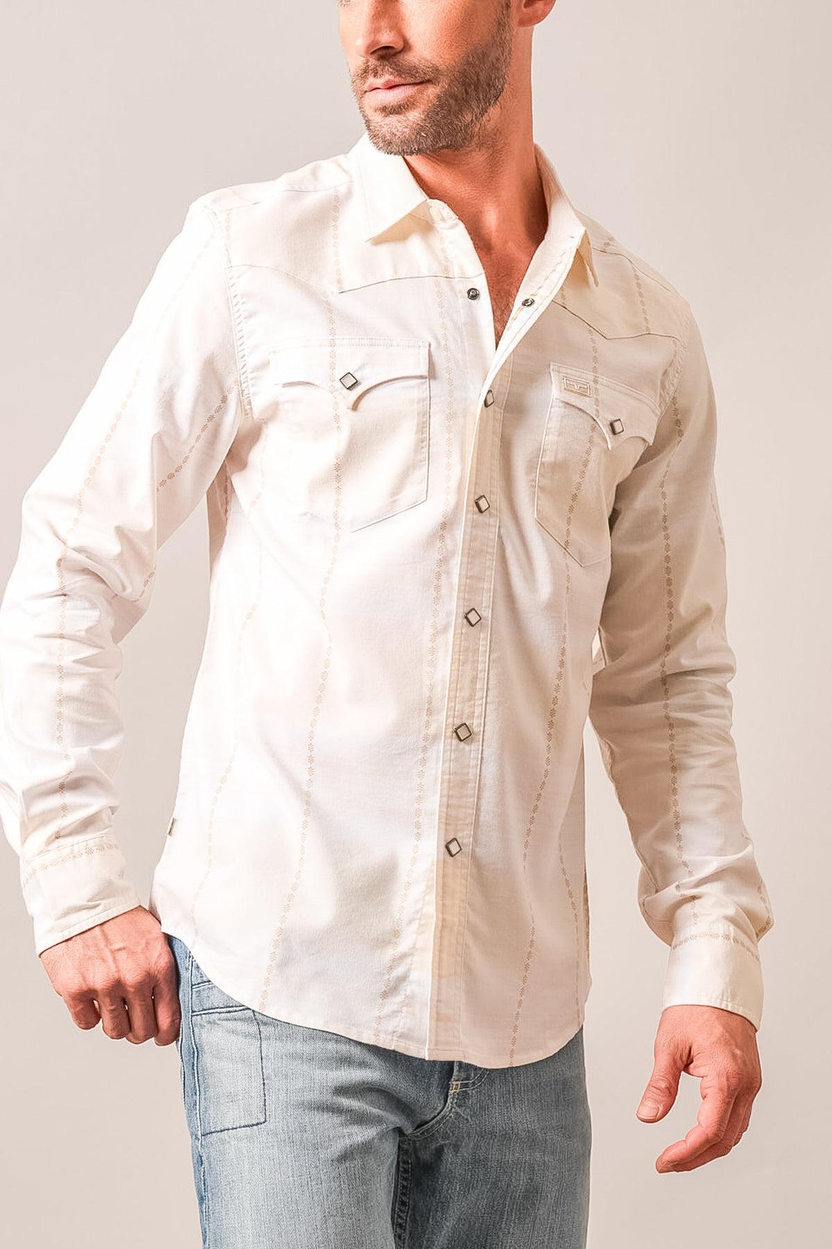 Kimes Ranch Mitch long-sleeve dress shirt in Natural with stitched vertical stripes, chest pockets, and logo on left pocket