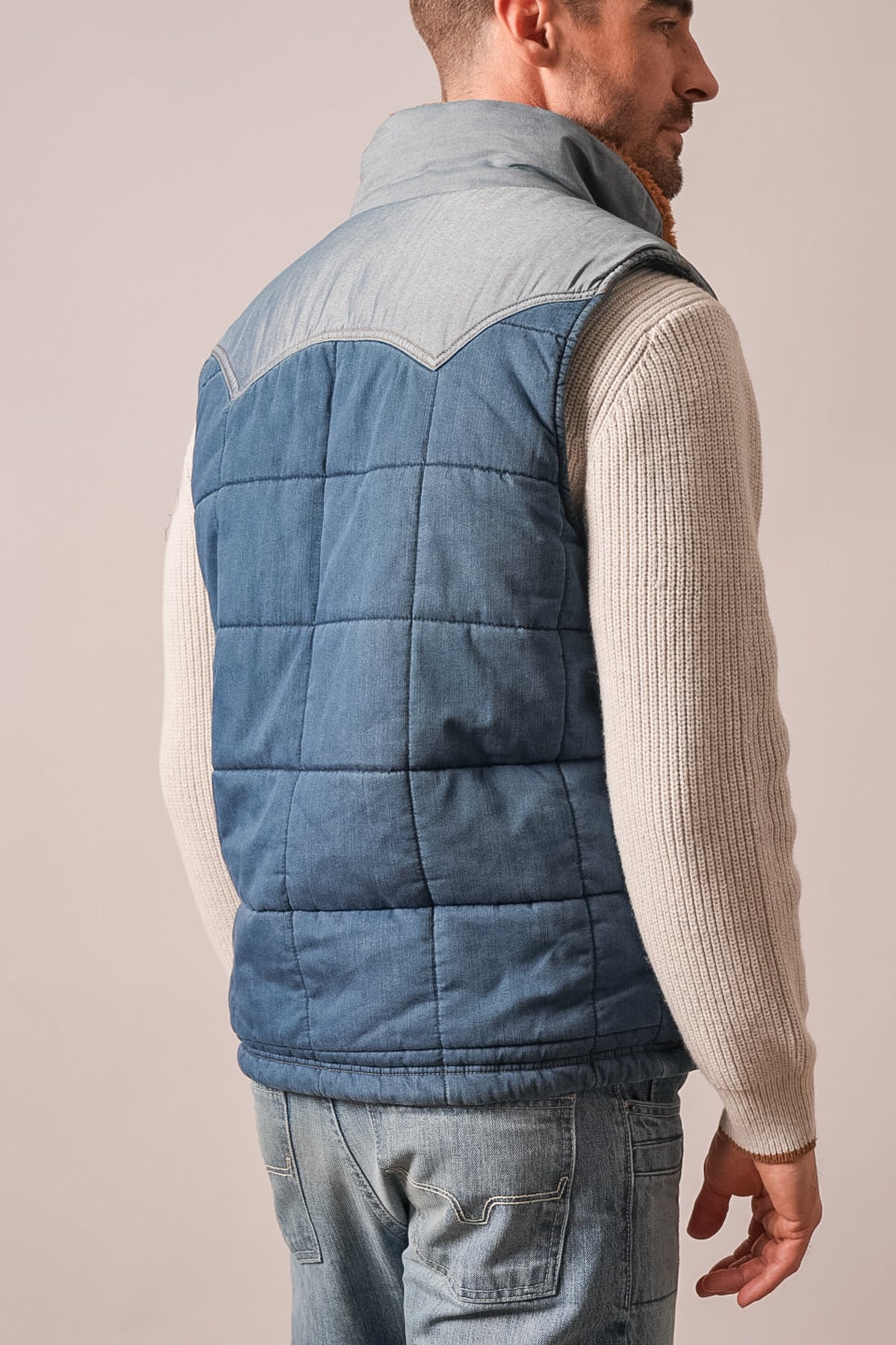 Kimes Ranch Muir Trail indigo quilted vest, back view with lighter indigo yoke and corduroy collar